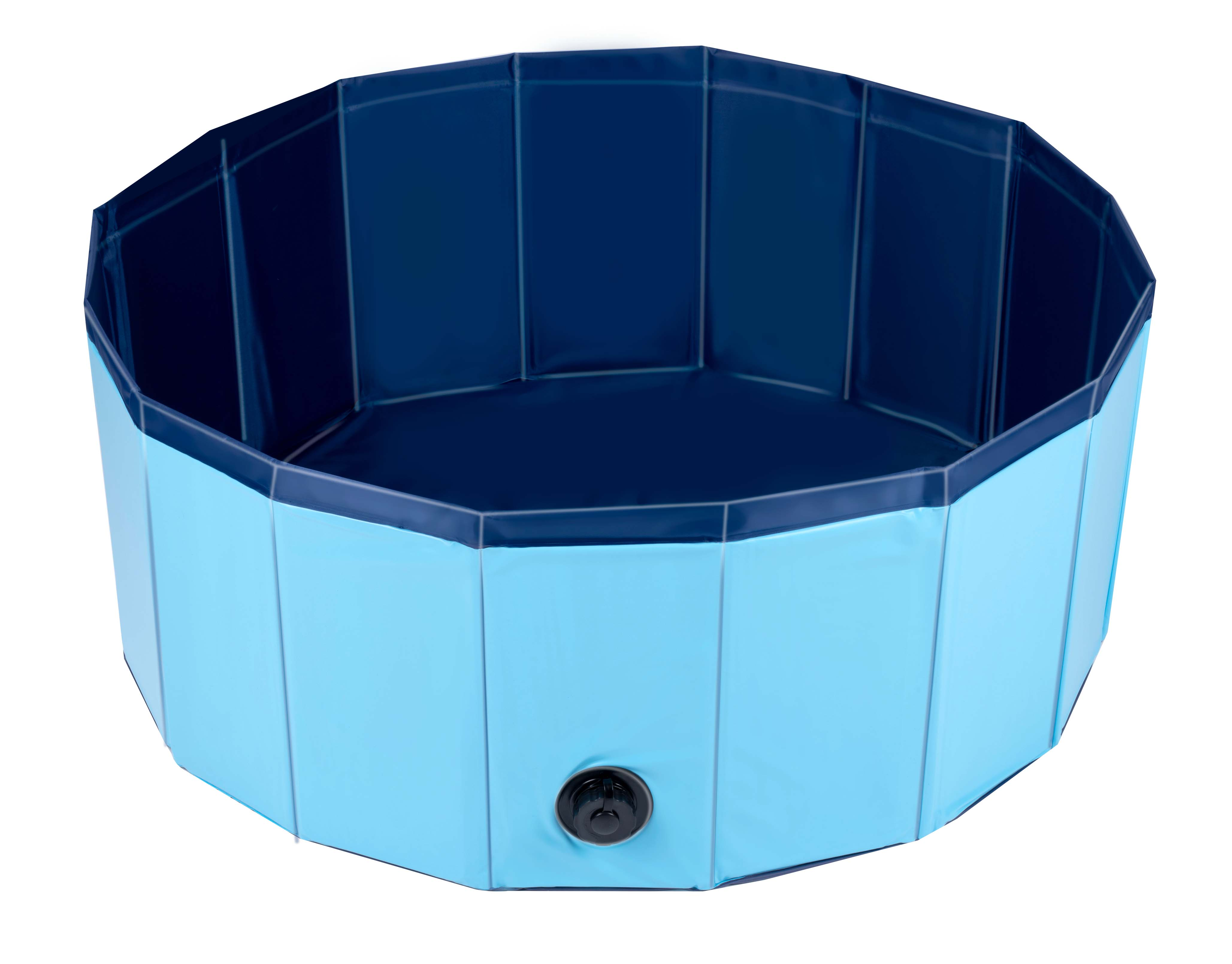 A collapsible pool in light blue and dark blue with a drain valve.
