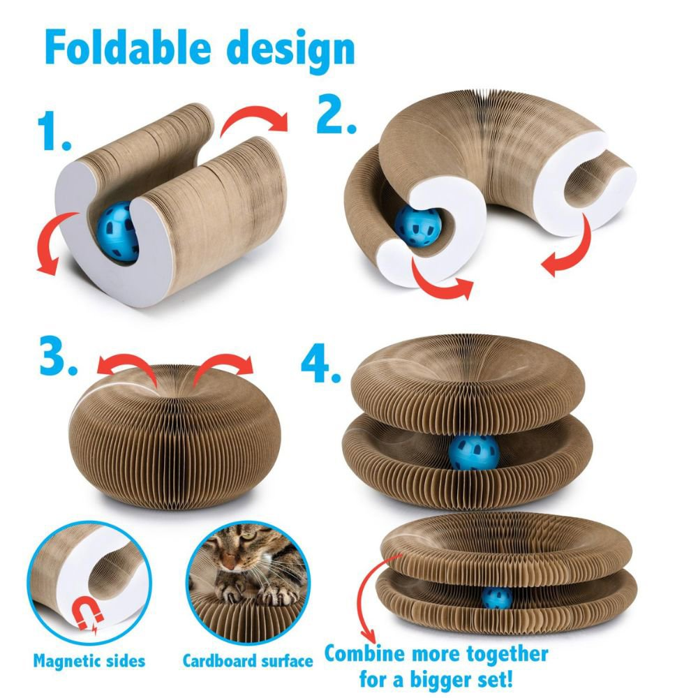 Diagram met hoe een kattenspeeltje kan worden opgevouwen. Inclusief diagrammen, een kat en tekst.