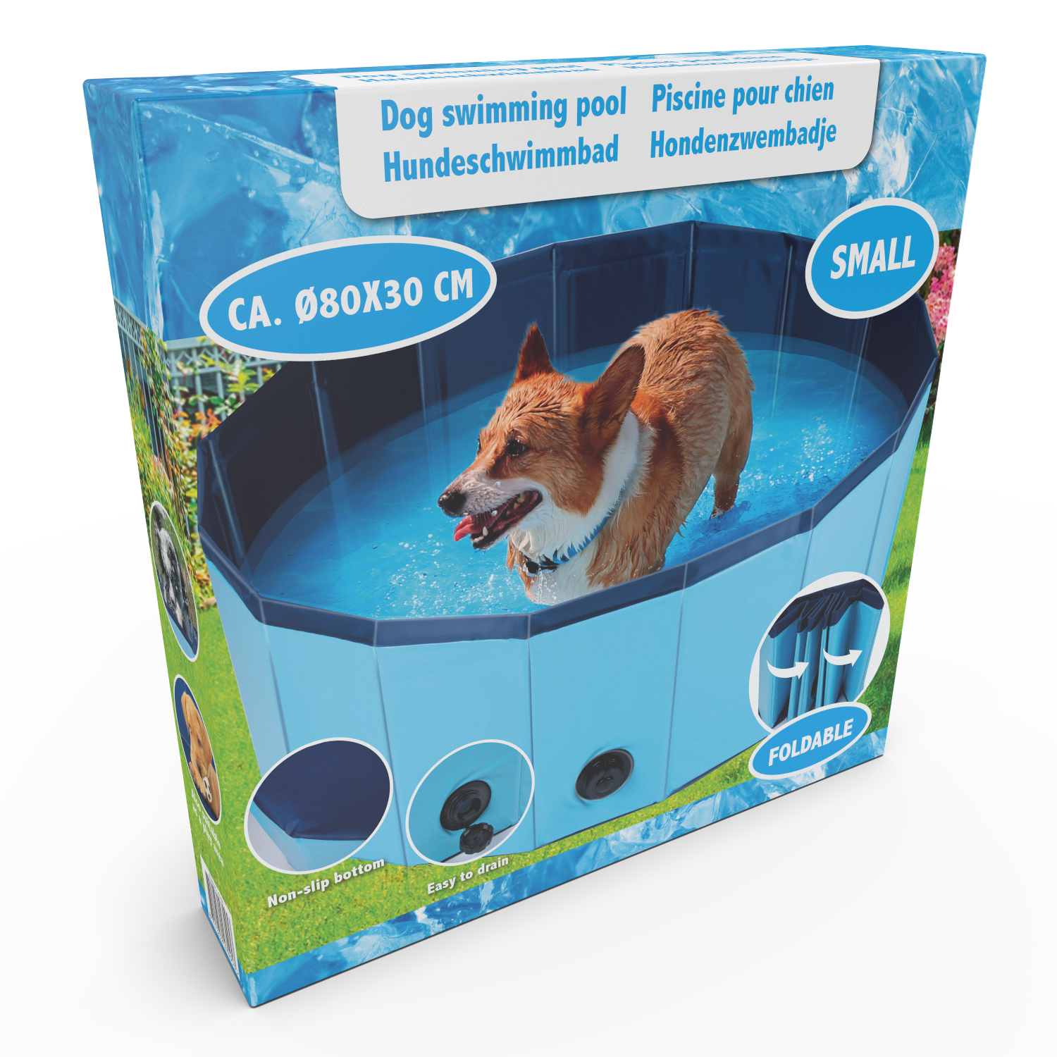 A dog stands in a small blue pool of water. The packaging is blue.