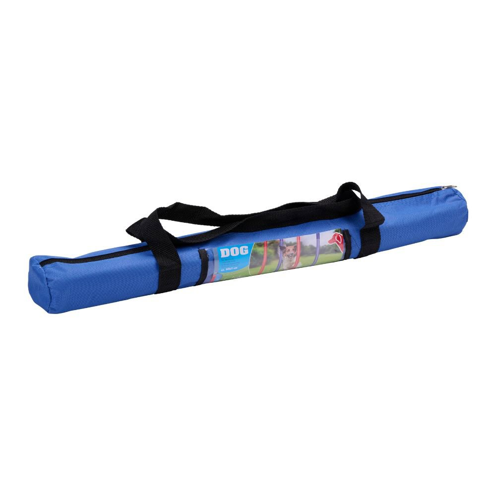 Blue carry bag with dog training equipment and dog image.