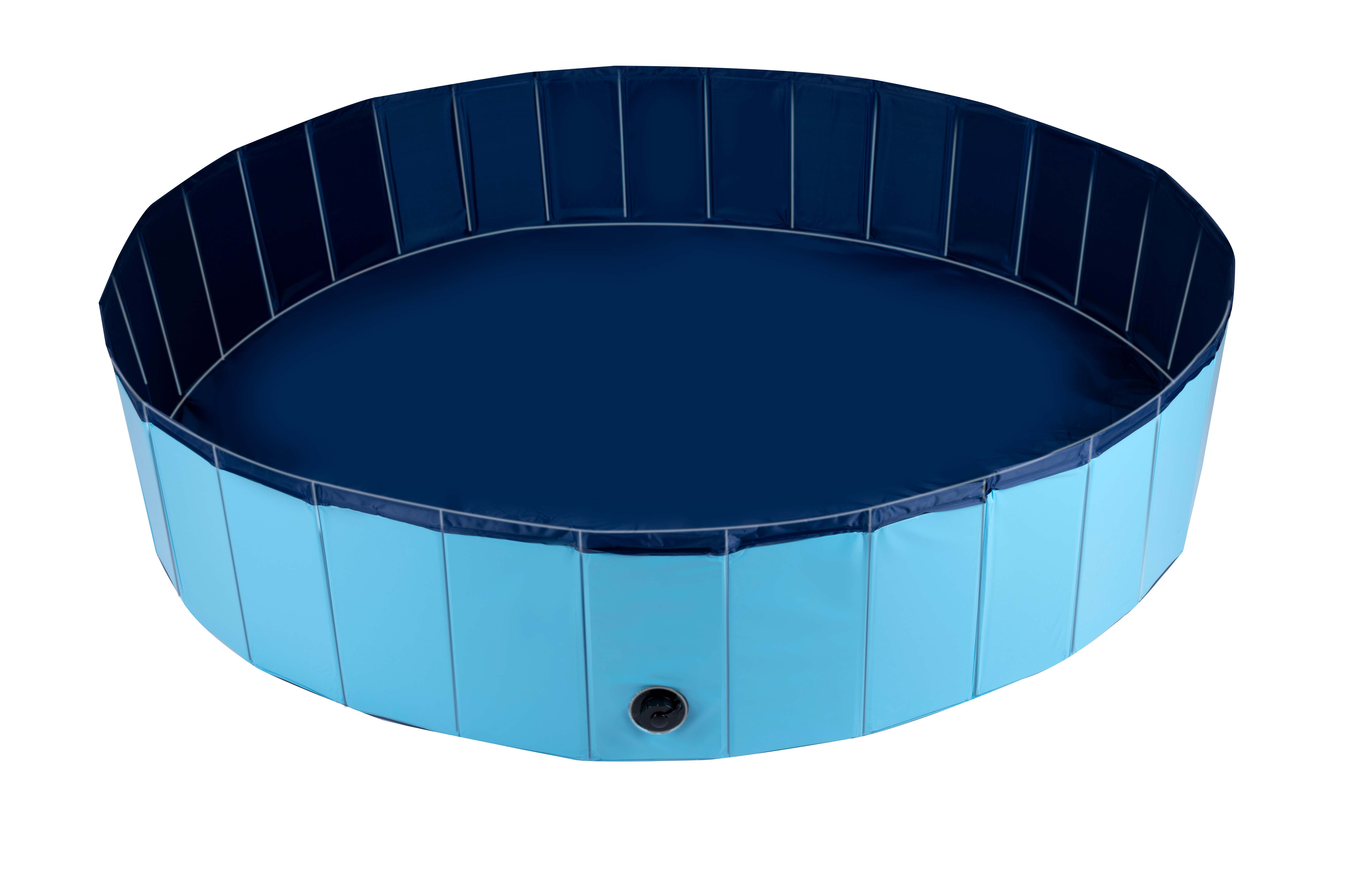 A round, foldable paddling pool in light blue and dark blue with a drain valve.