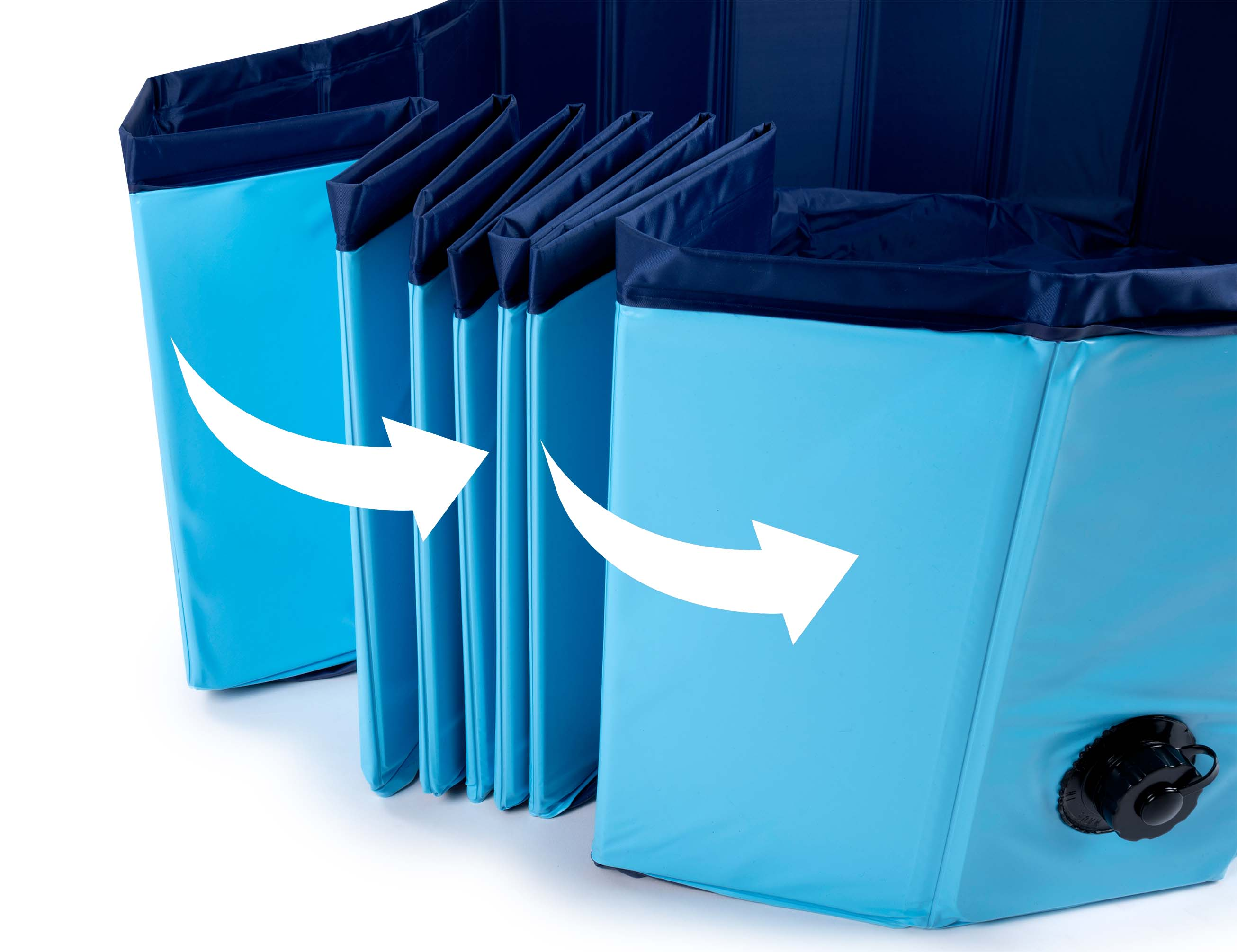 A foldable blue pool with dark trim and white arrows indicating expansion.