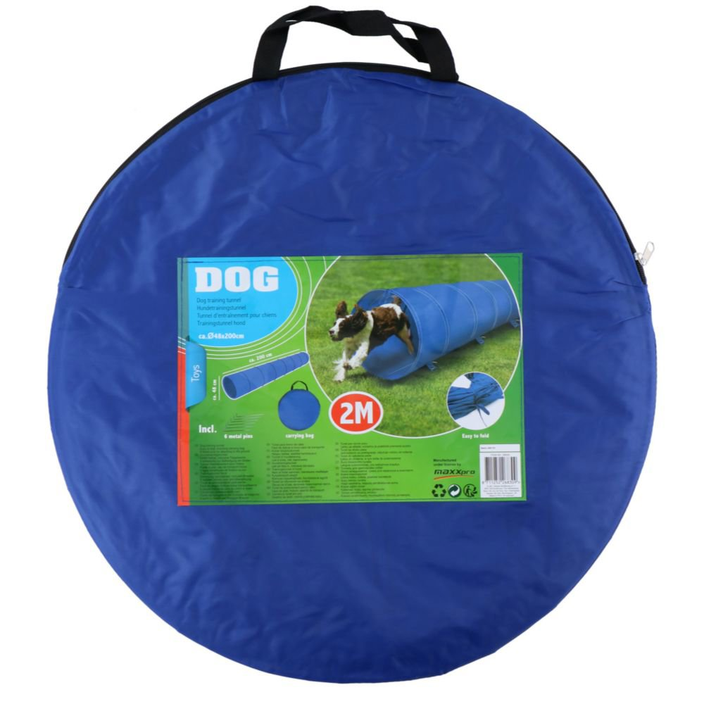 Blue dog tunnel packaging bag with image of dog running through blue tunnel.