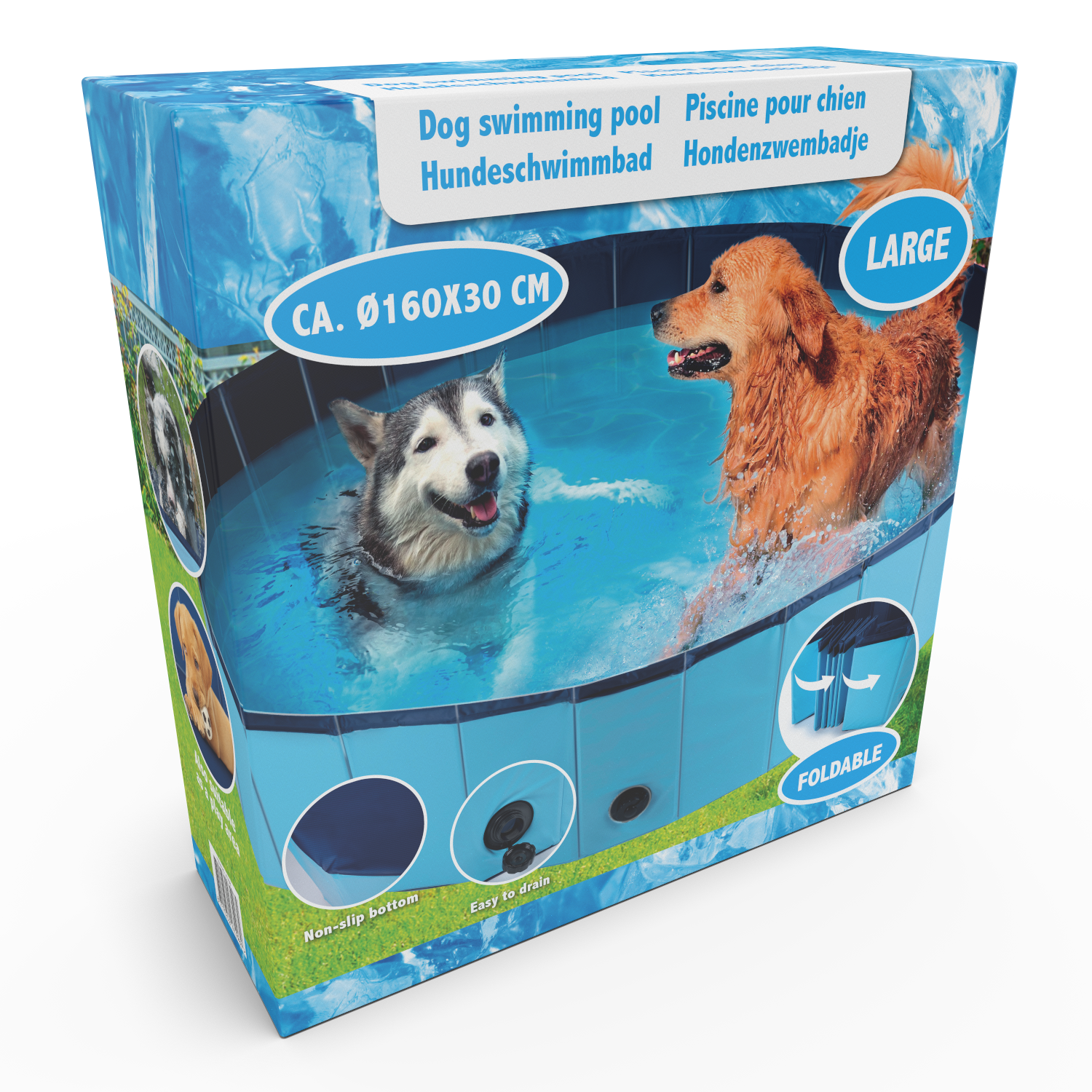 Two dogs, a husky and a golden retriever, enjoy a large blue dog pool.