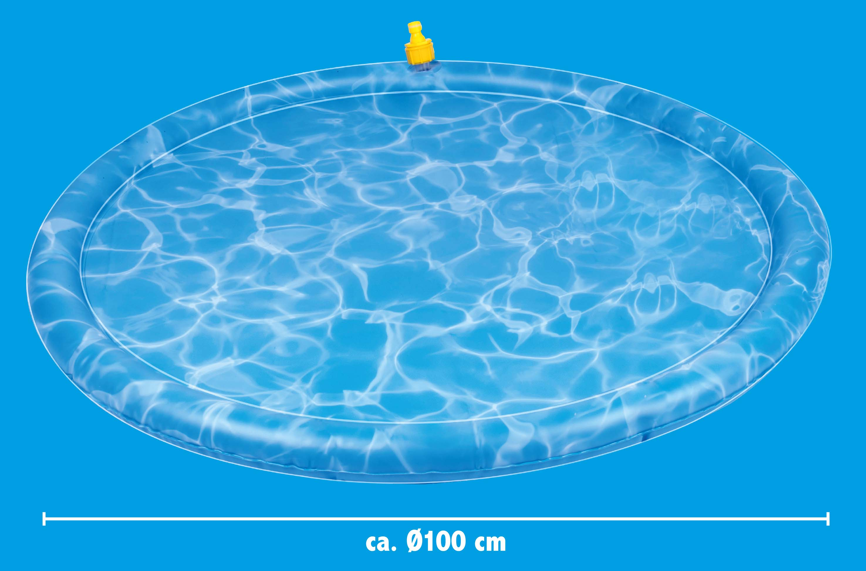 Inflatable pool with water spray effect and yellow valve, approx. 100 cm diameter.