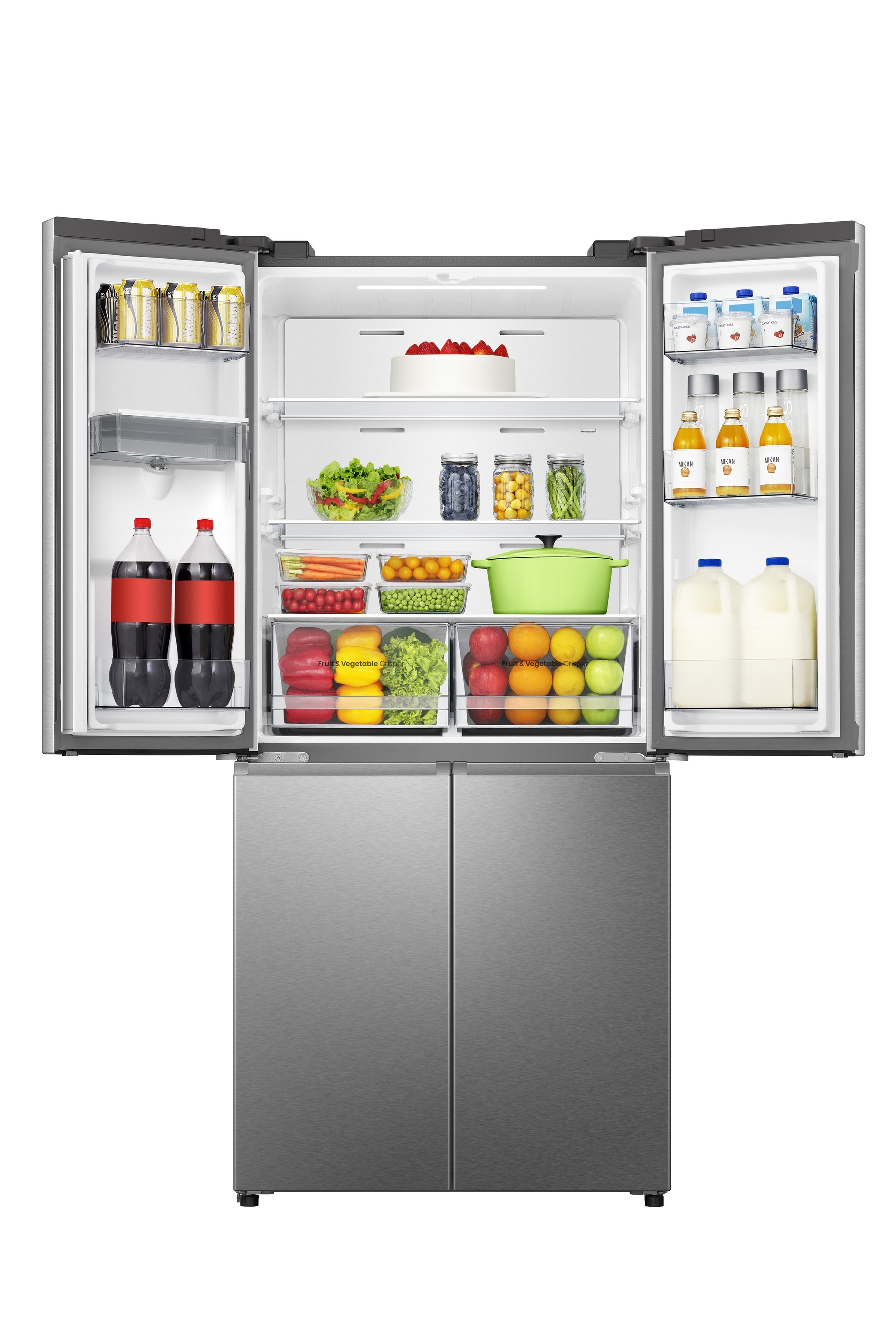 Un frigorifero moderno con quattro ante aperte, pieno di generi alimentari e bevande.