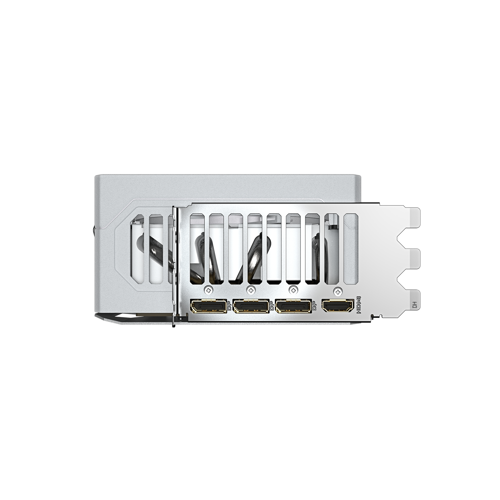 Srebrna karta graficzna z wieloma portami wyjściowymi, widok z boku.