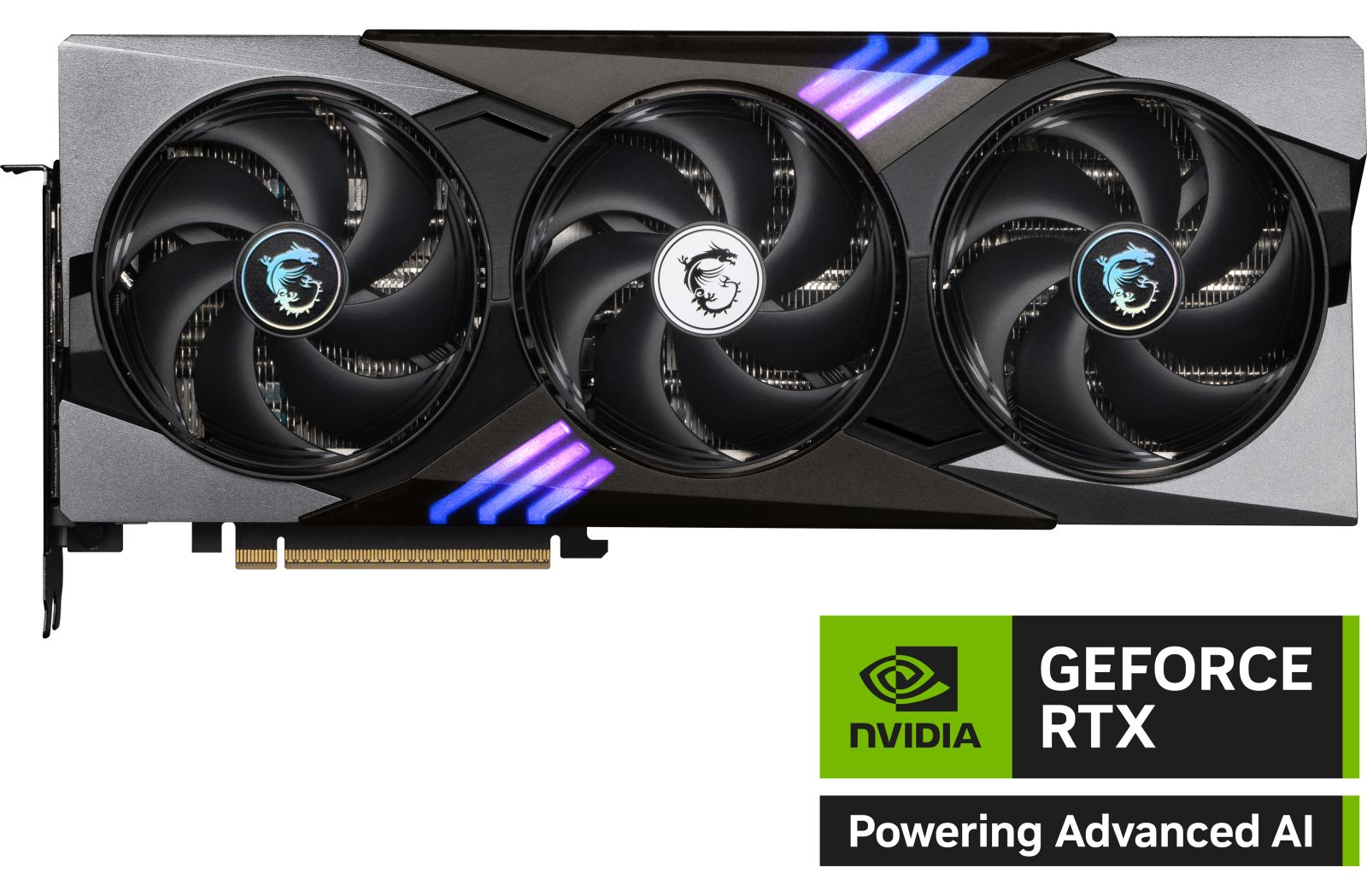 Karta graficzna z trzema wentylatorami, logo NVIDIA GeForce RTX i tekstem Powering Advanced AI.