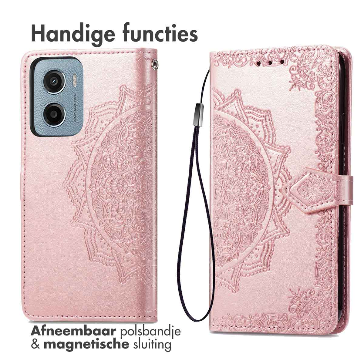 Coque de téléphone rose avec motif mandala. Dragonne amovible et fermeture magnétique. Accessoire.