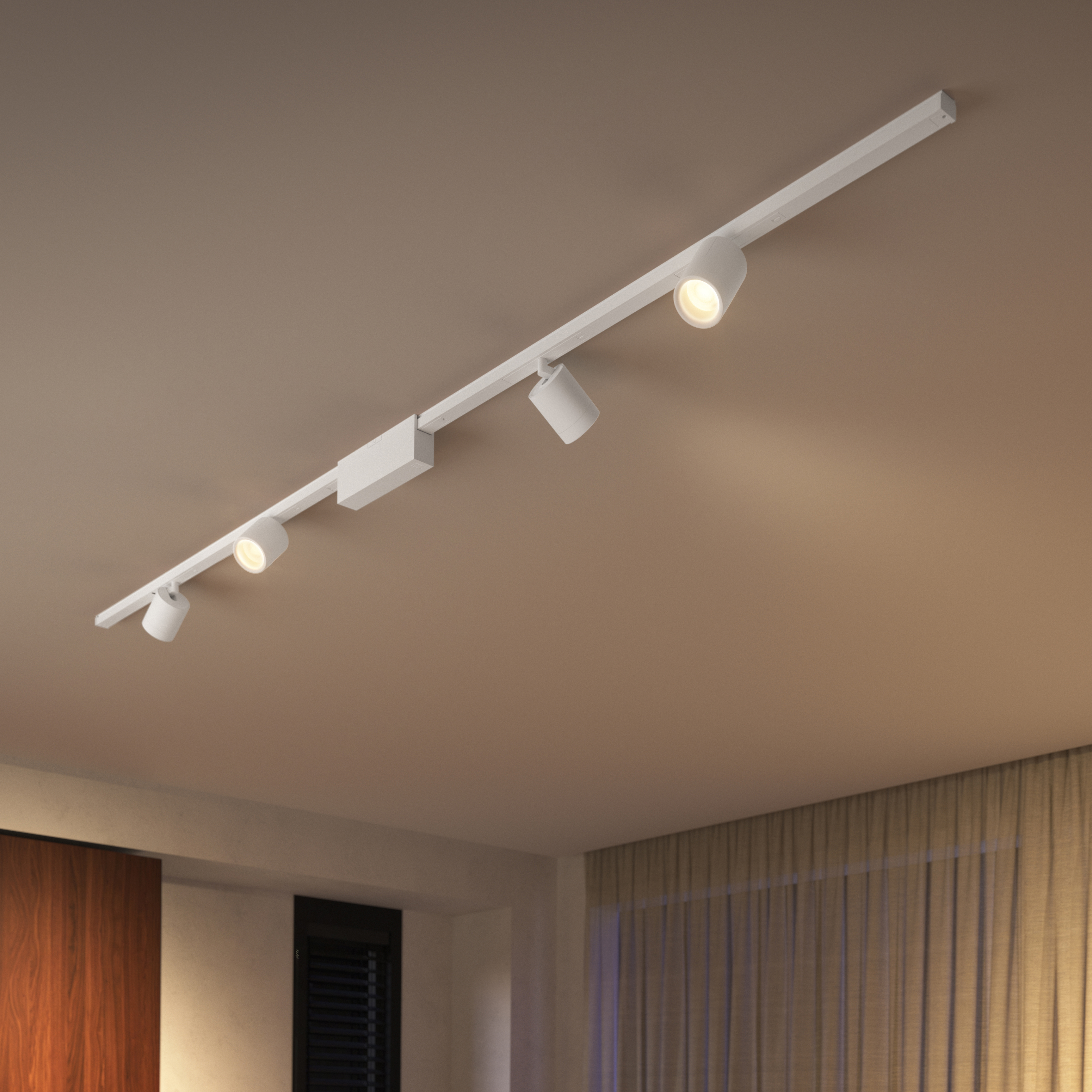 Białe oświetlenie szynowe z czterema reflektorami na beżowym suficie.