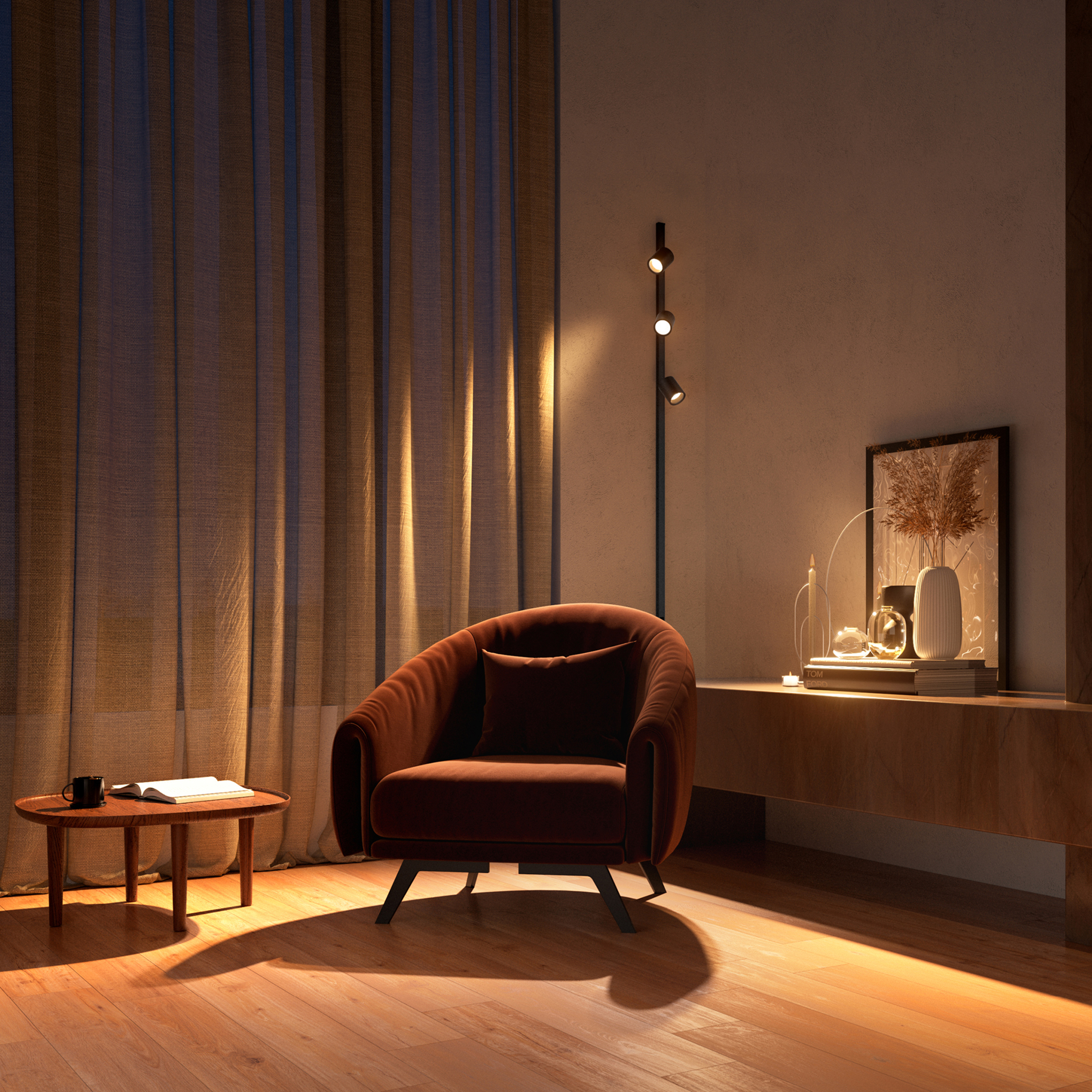 Escena interior con un sillón marrón, una mesita y una lámpara. Suelo de madera y cortinas.