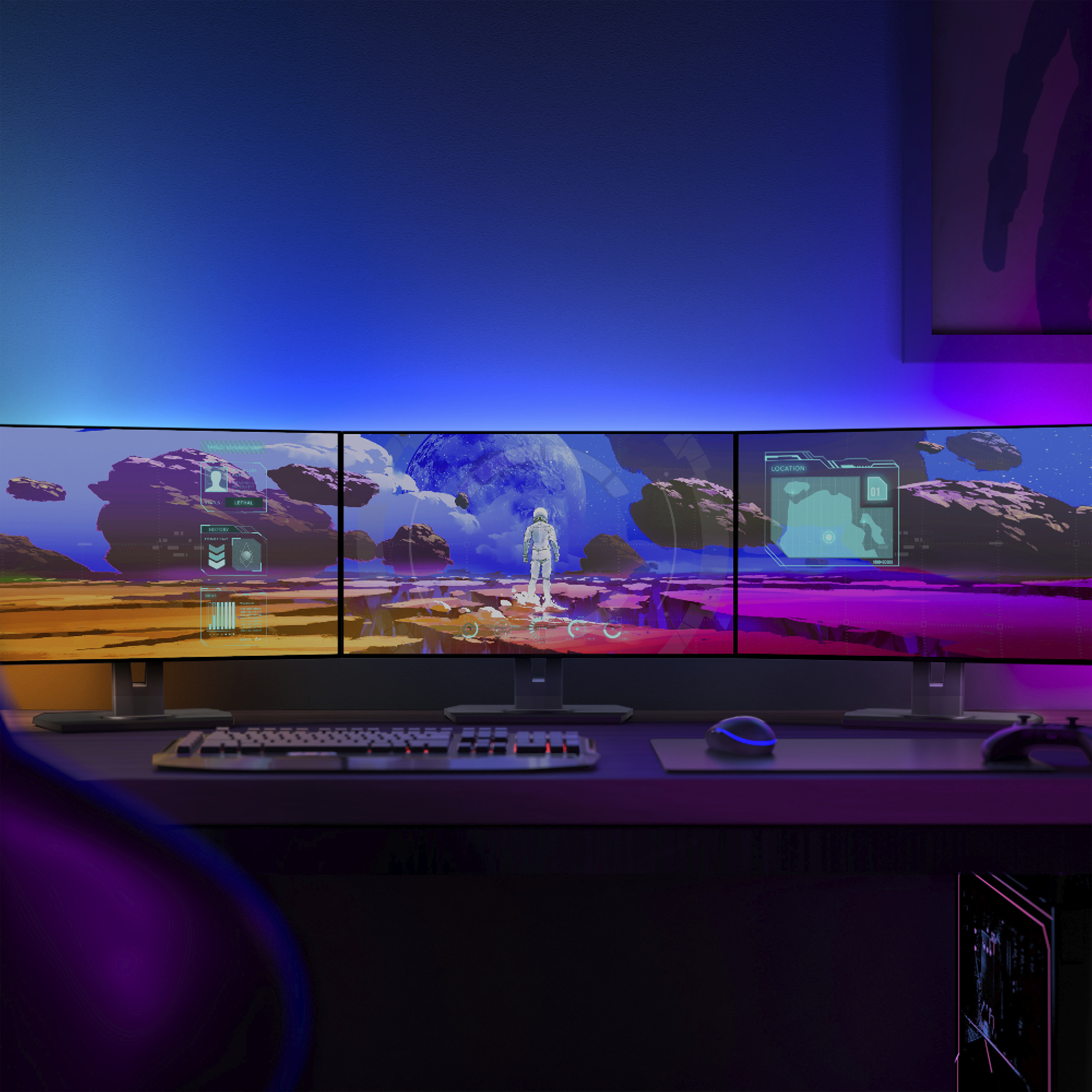 Konfiguracja do gier z trzema zakrzywionymi monitorami, klawiaturą, myszką i biurkiem.