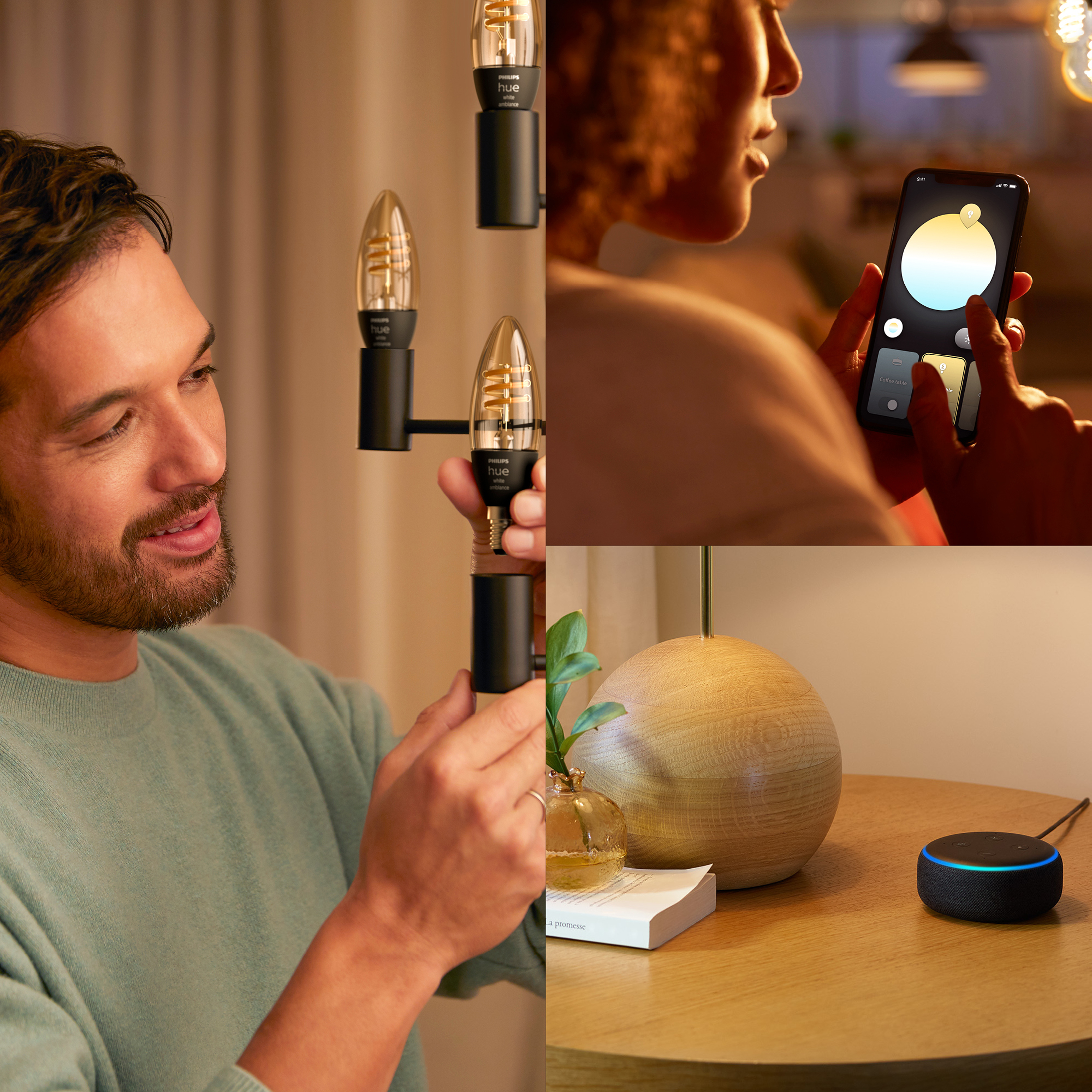 Mężczyzna obok lamp, kobieta z telefonem i urządzenie Alexa.