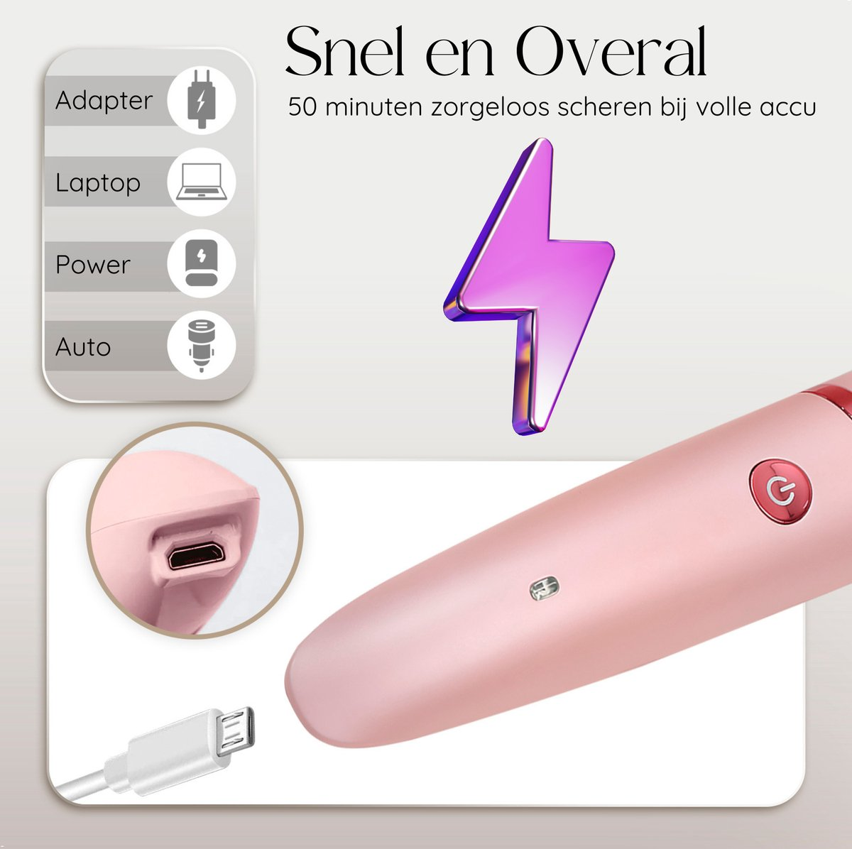 A pink shaver with a charging port and a lightning bolt icon. A charging cable is also shown.