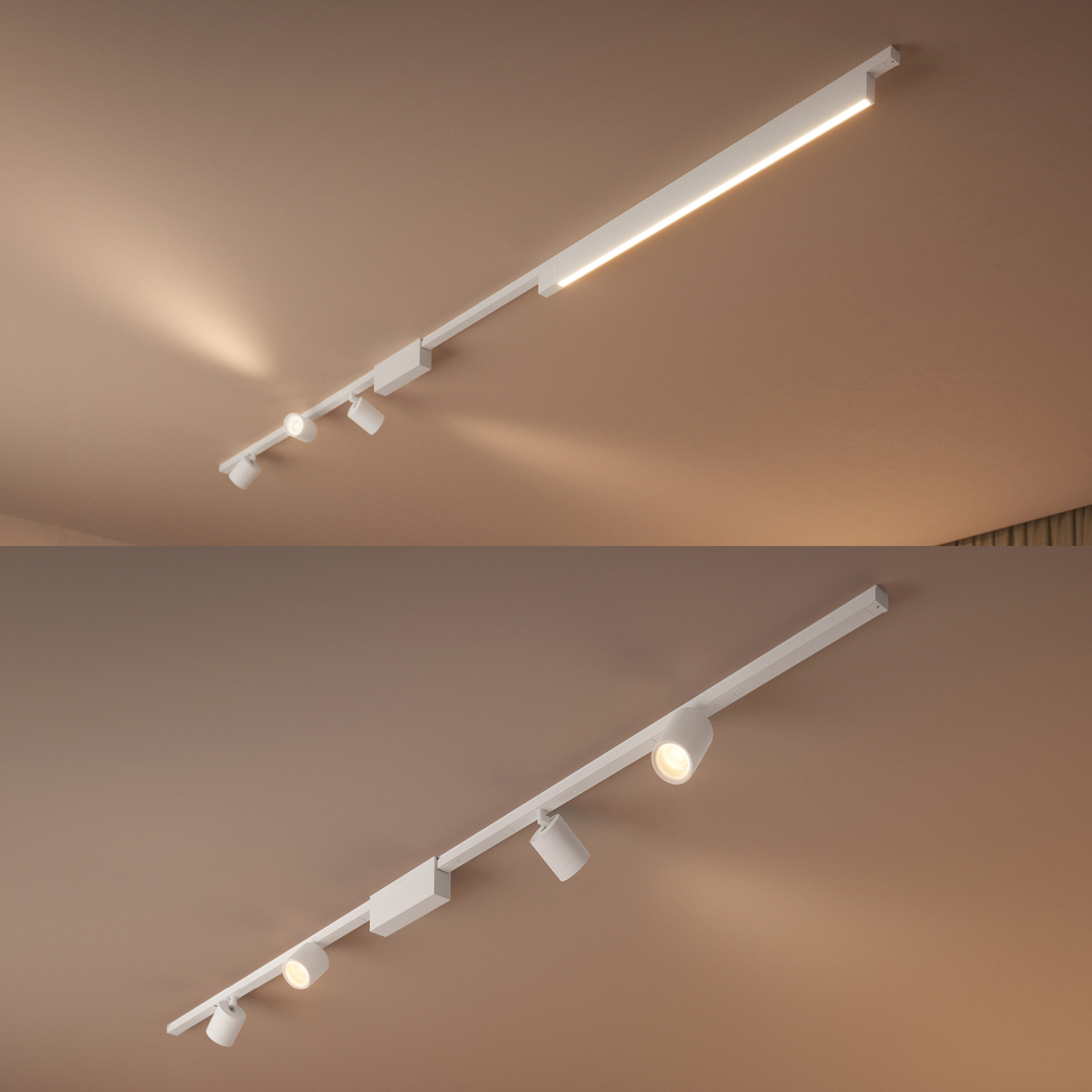 Dwa widoki białych lamp sufitowych. Jedna to długa lampa liniowa, druga ma reflektory. Oba znajdują się w nowoczesnym otoczeniu.