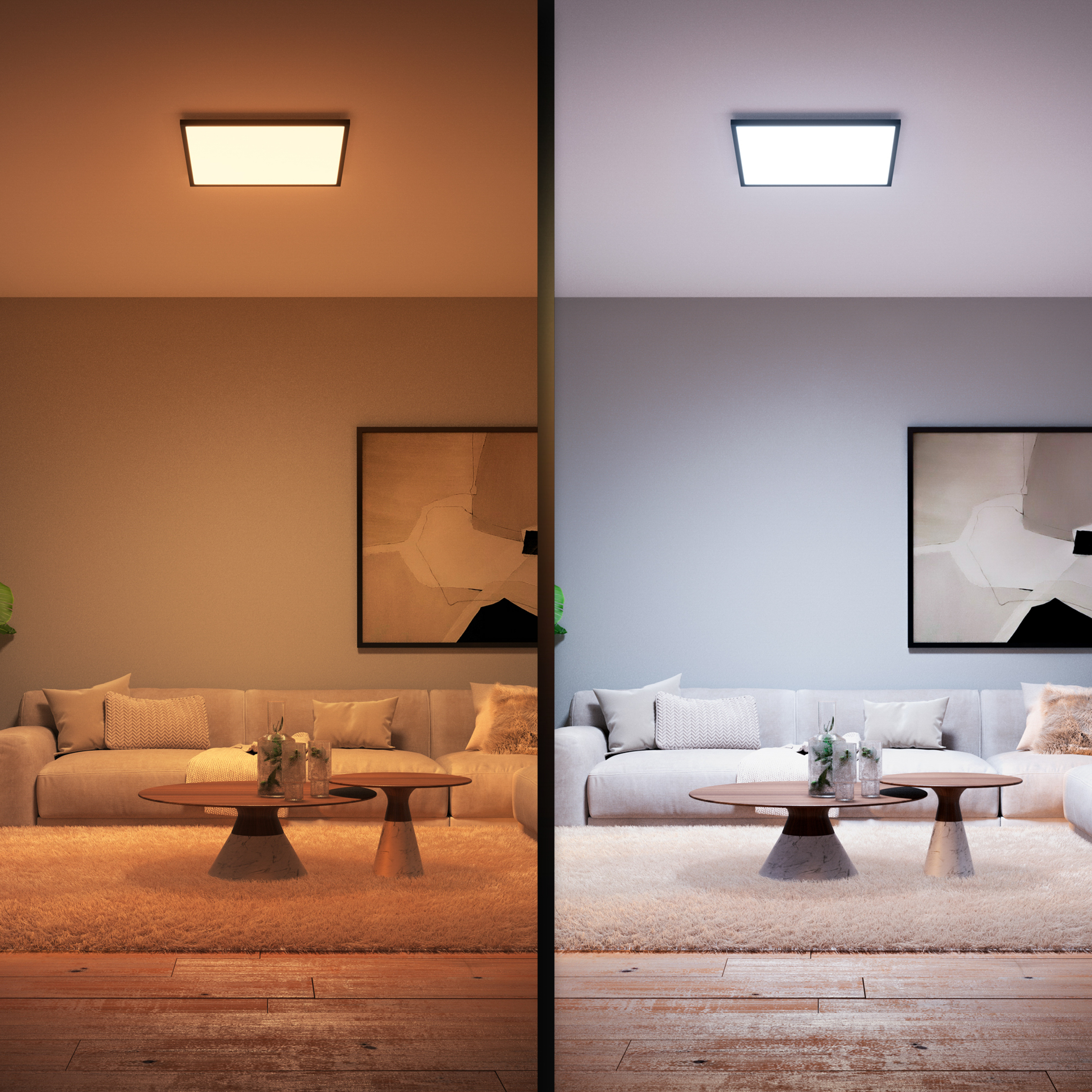 Due scene di soggiorno, una calda e una fredda, che mostrano una luce a soffitto.