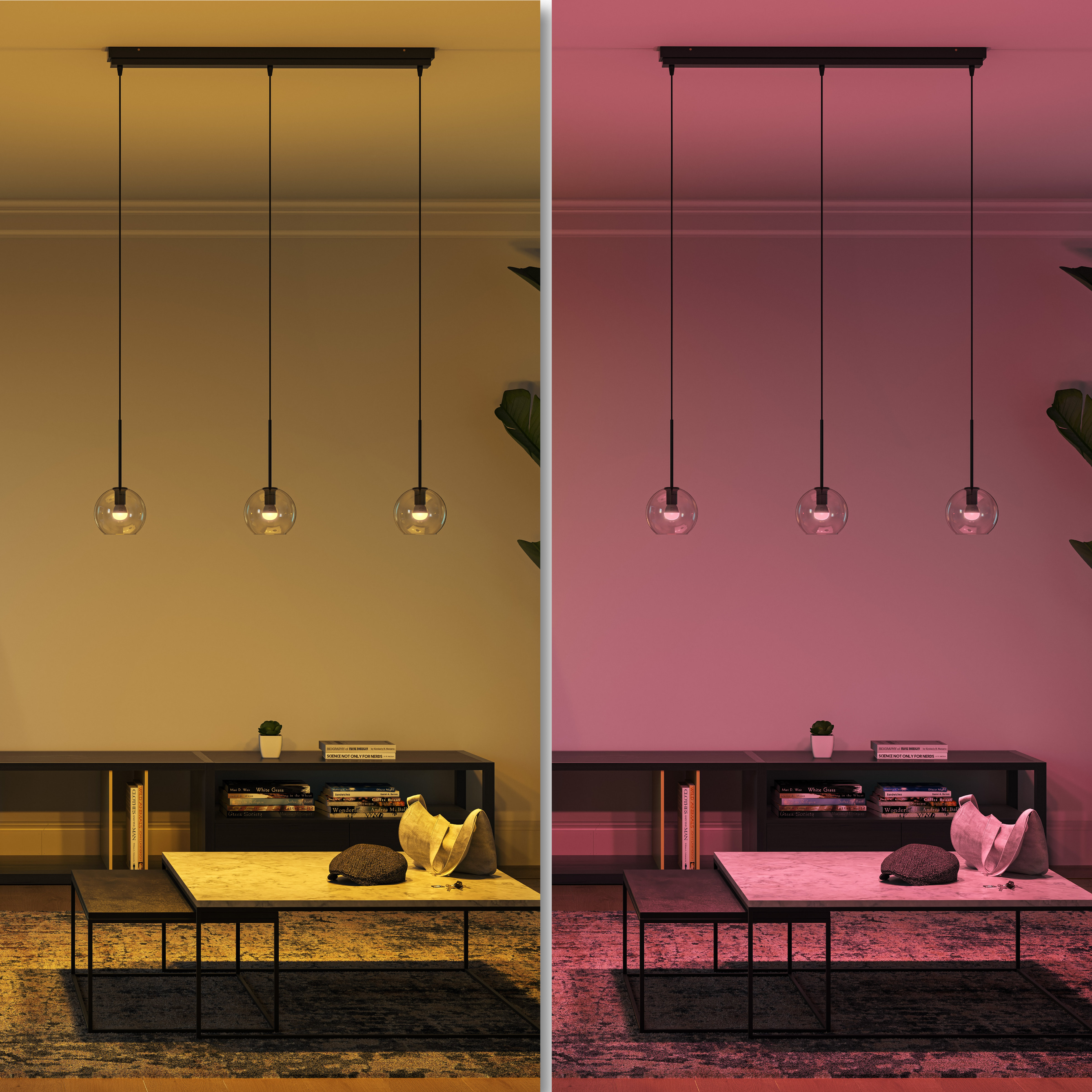 Dwie sceny wewnętrzne, jedna z żółtym, a druga z różowym oświetleniem, o podobnej konfiguracji.