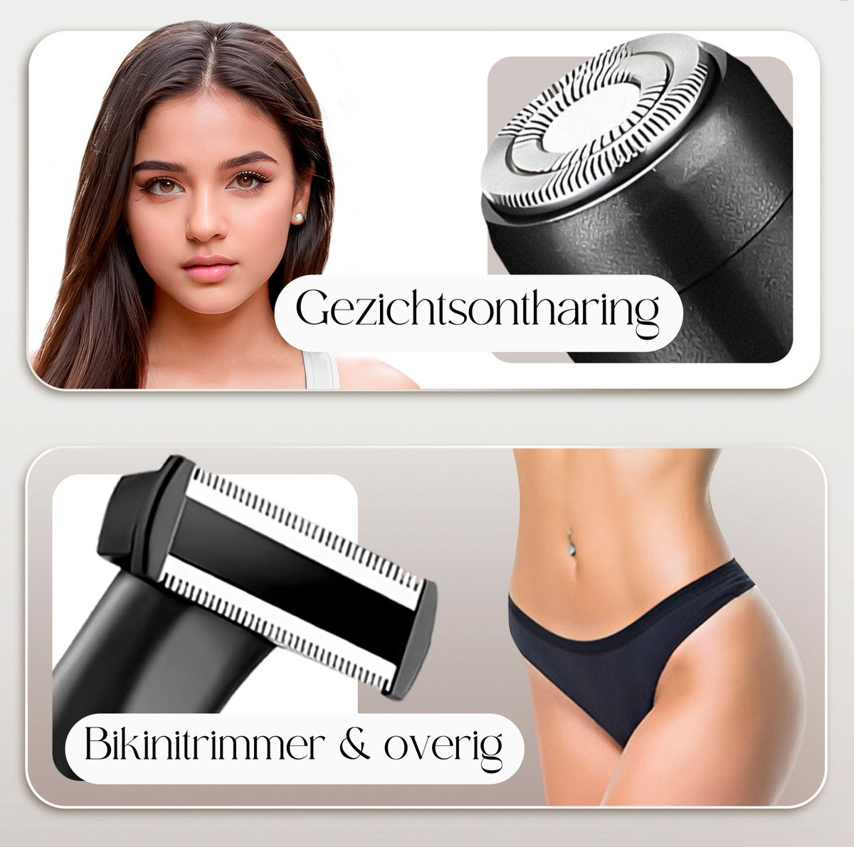 Close-up of a woman's face and bikini trimmer and details about facial and body hair removal.