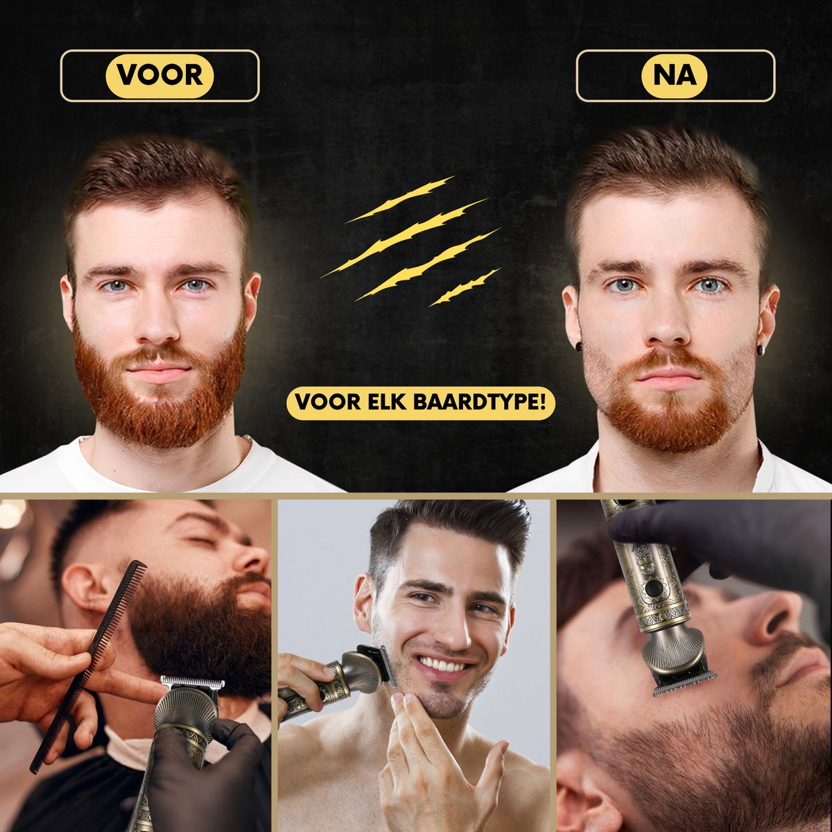Before and after shots of a man's beard, plus shaving tools.