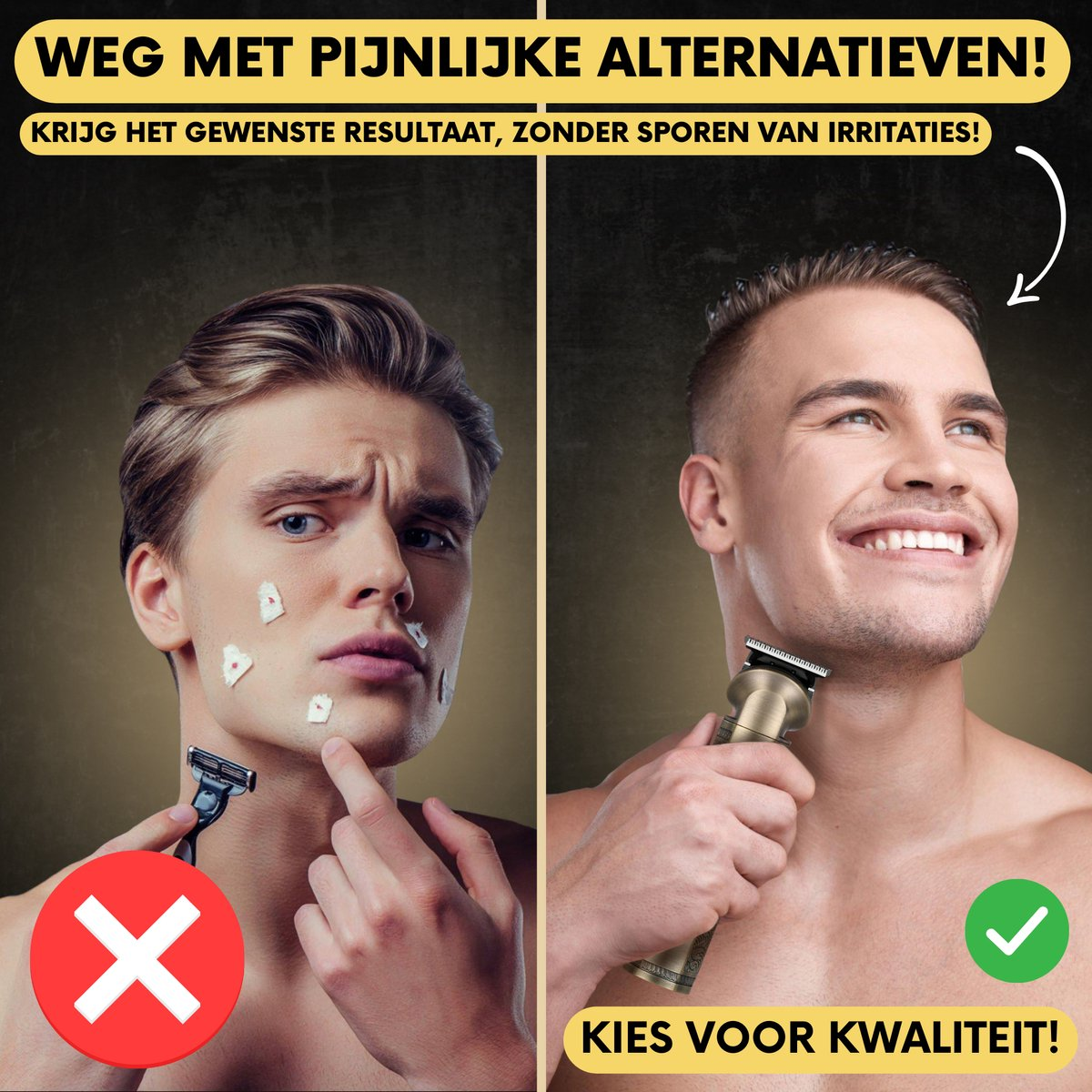 Two men, one with irritated skin and a razor, the other shaving cleanly with a trimmer. 
