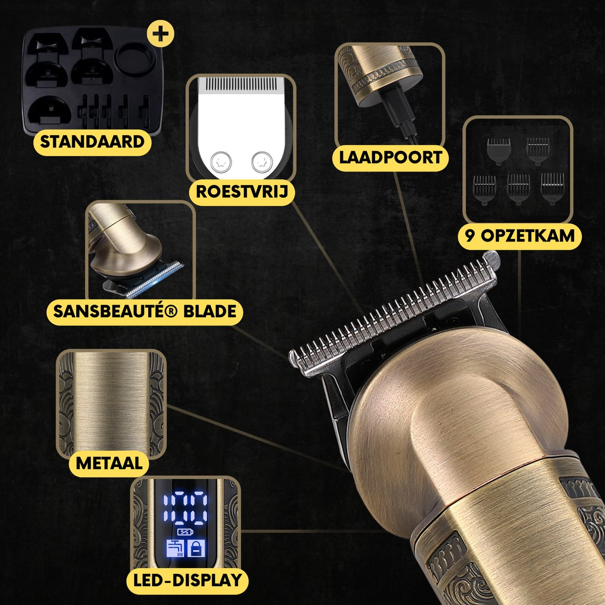Close-up of a metal hair clipper with various attachments and a digital display.