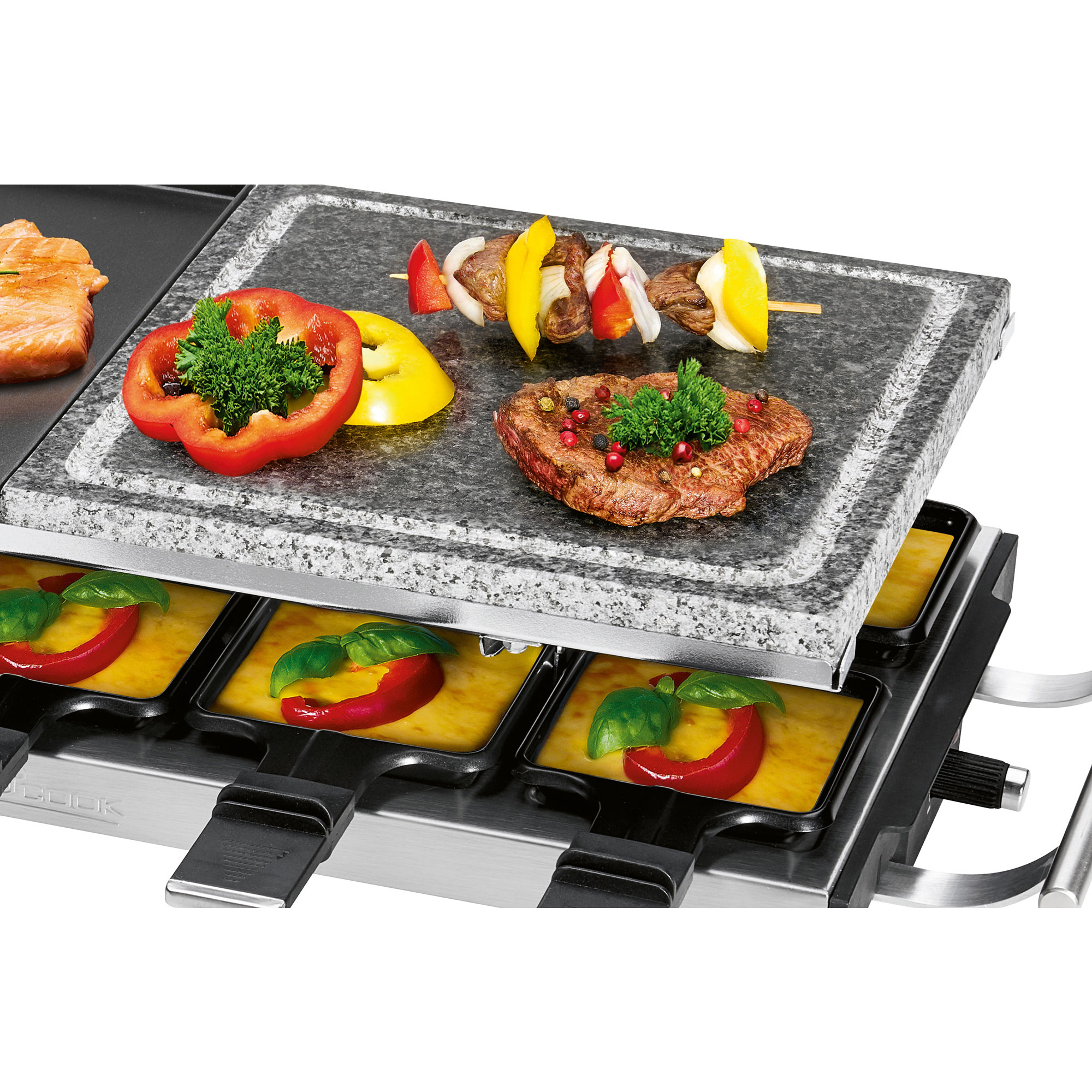 Grill do raclette z mięsem, warzywami i serem. Na pierwszym planie: grillowane mięso. Tło: inne składniki i elementy grzewcze.