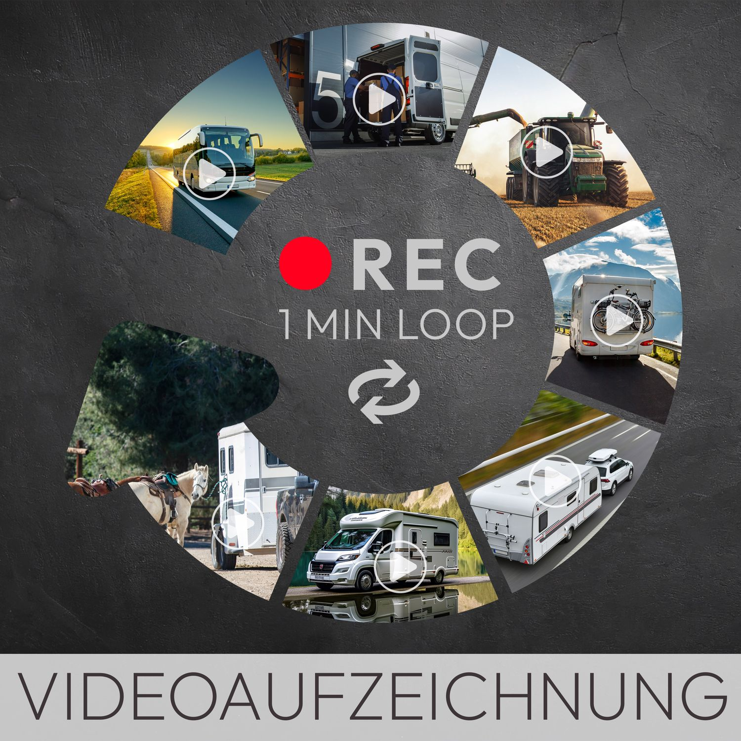 Ein kreisförmiges Video, das verschiedene Fahrzeuge auf der Straße zeigt, mit einem REC-Logo und einer 1-Minuten-Loop-Anzeige.