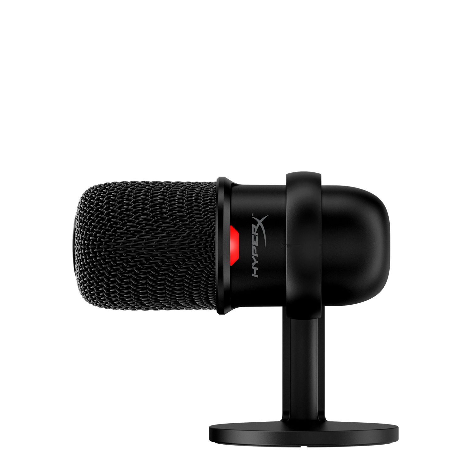 Siyah HyperX mikrofon bir stand üzerinde. Kırmızı ışık yanıyor.