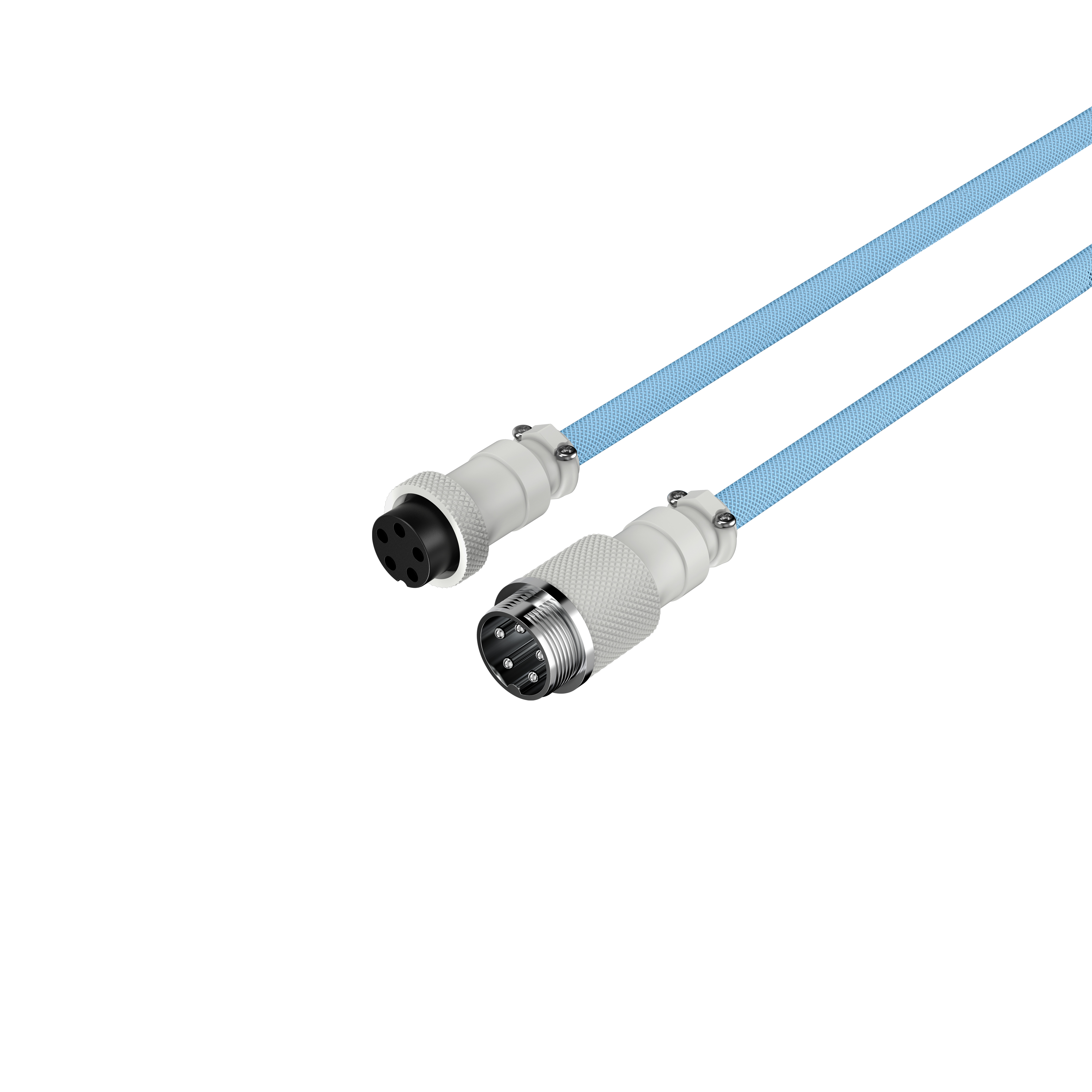 Due connettori elettrici blu e bianchi su sfondo bianco. Scatto ravvicinato.