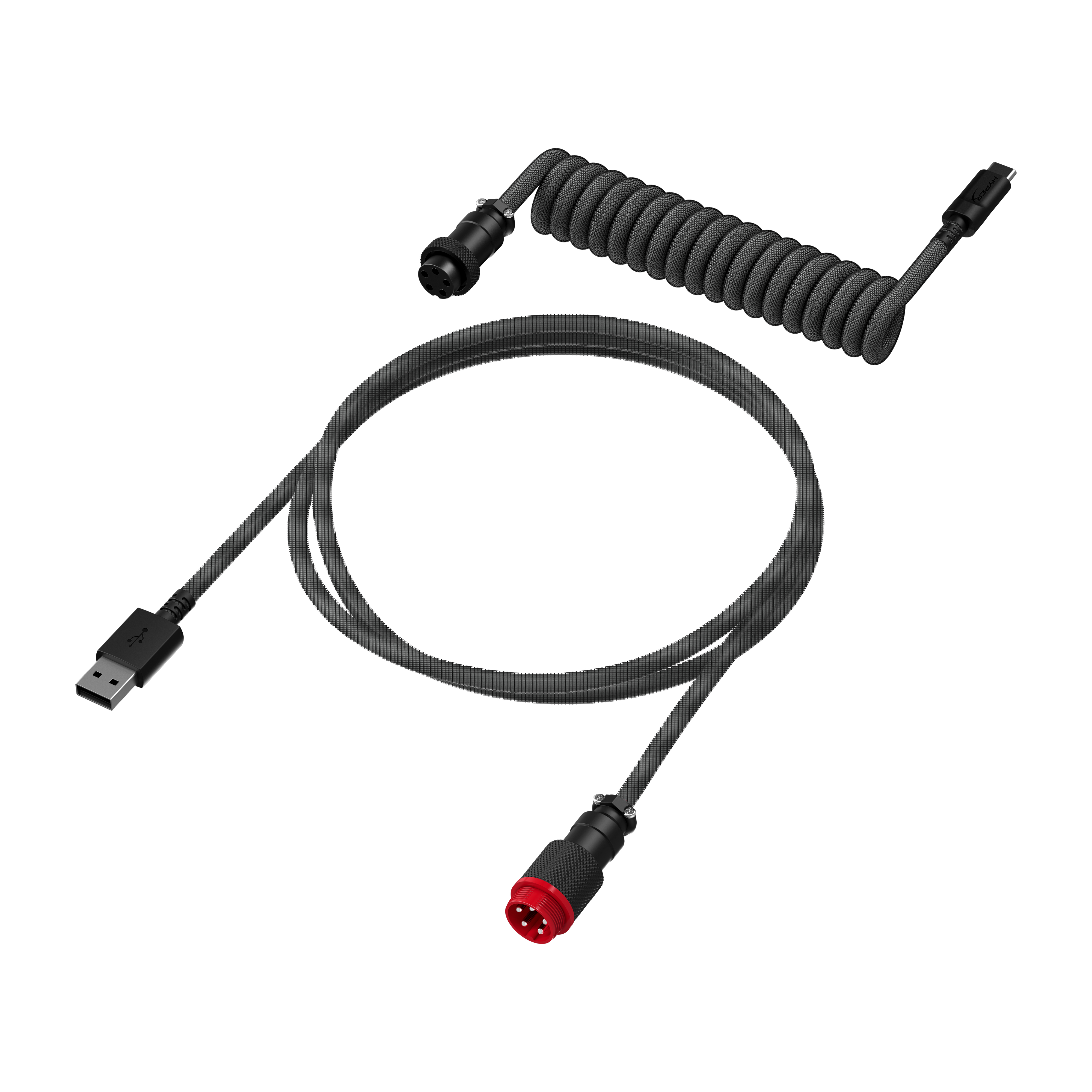 Cavo a spirale grigio e nero con USB e altri connettori su sfondo bianco.