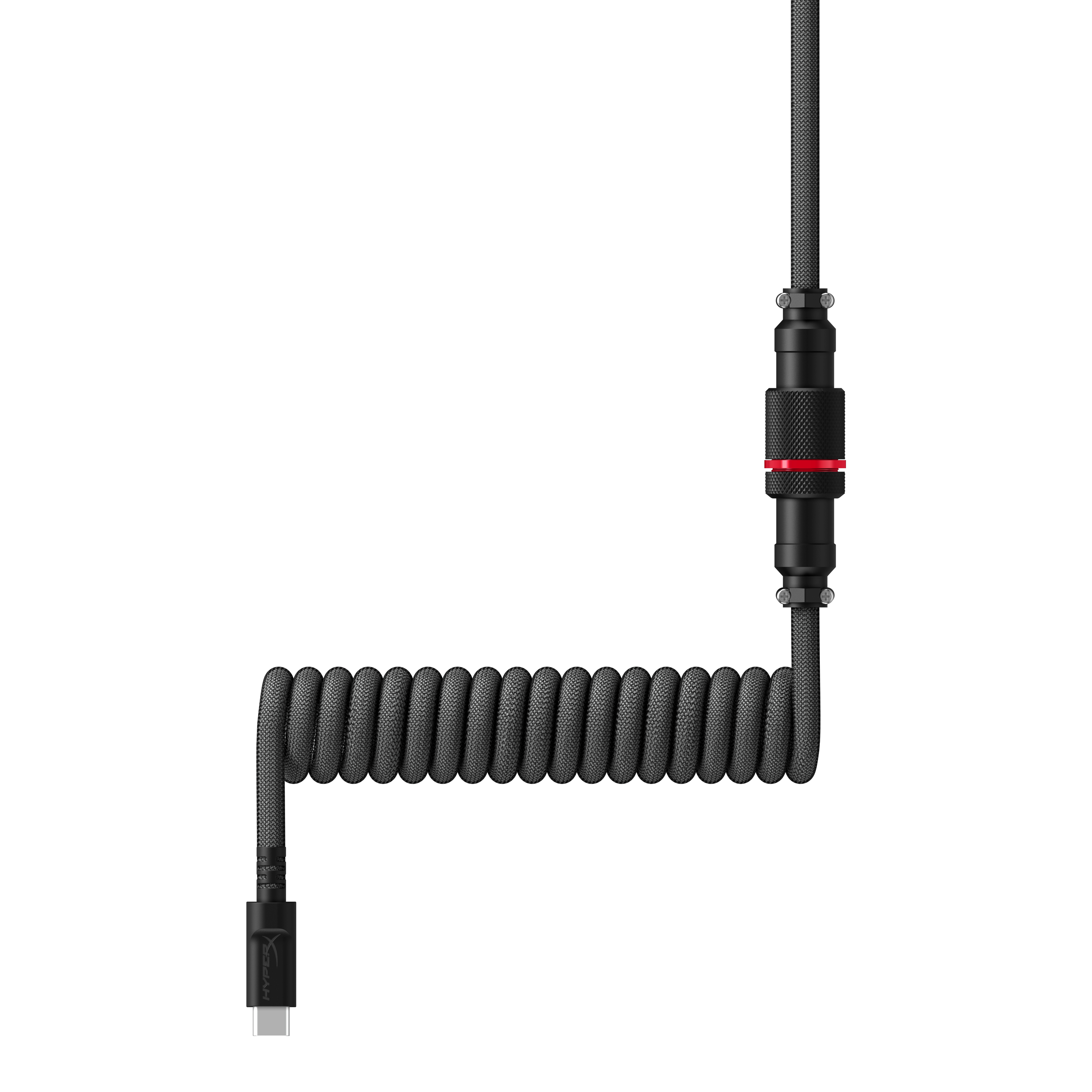 Cavo a spirale nero con connettore USB-C e connettore nero con anello rosso.