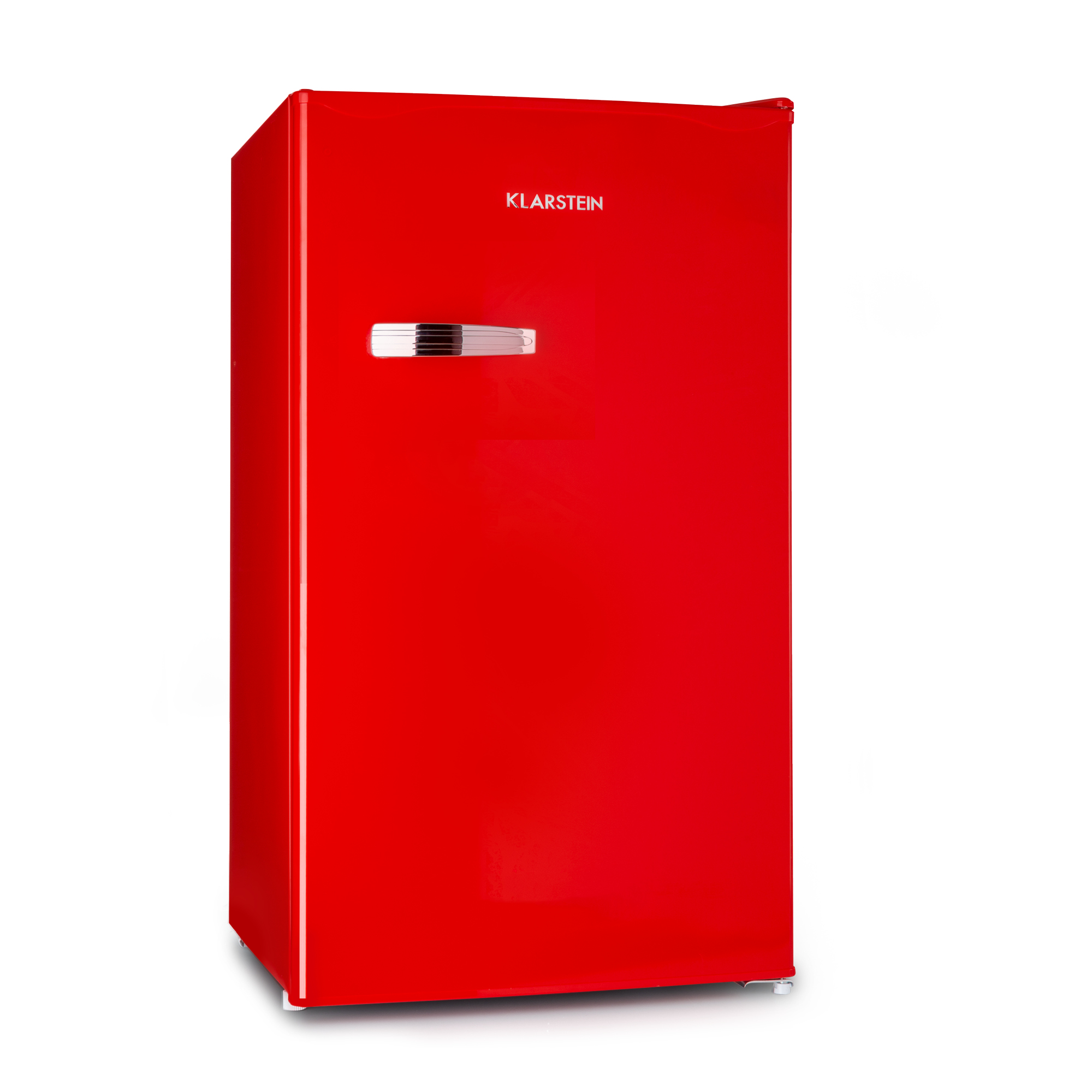 Mini frigo rosso in stile retrò su sfondo bianco.