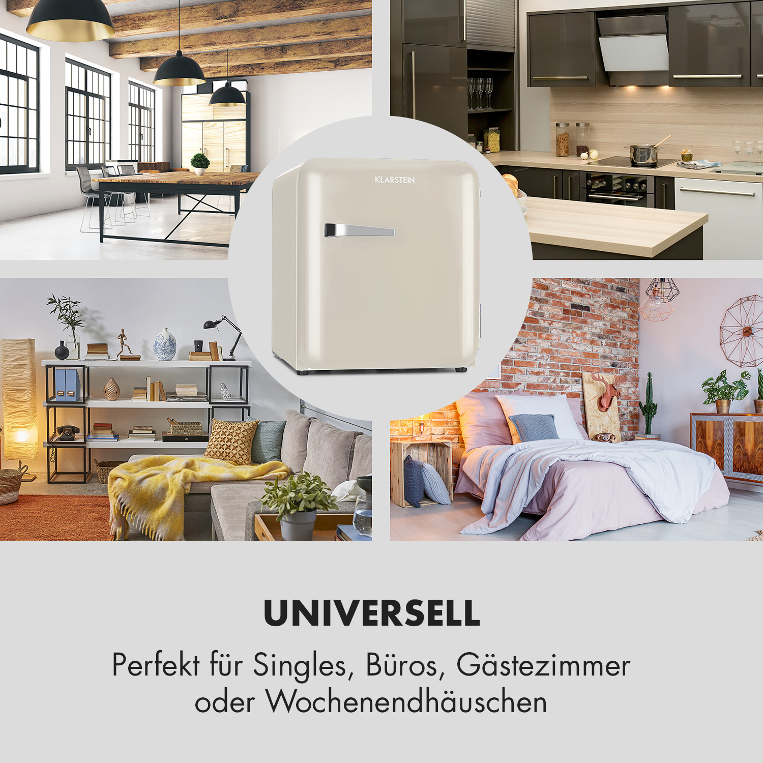 Un piccolo frigorifero beige circondato da immagini di interior design.