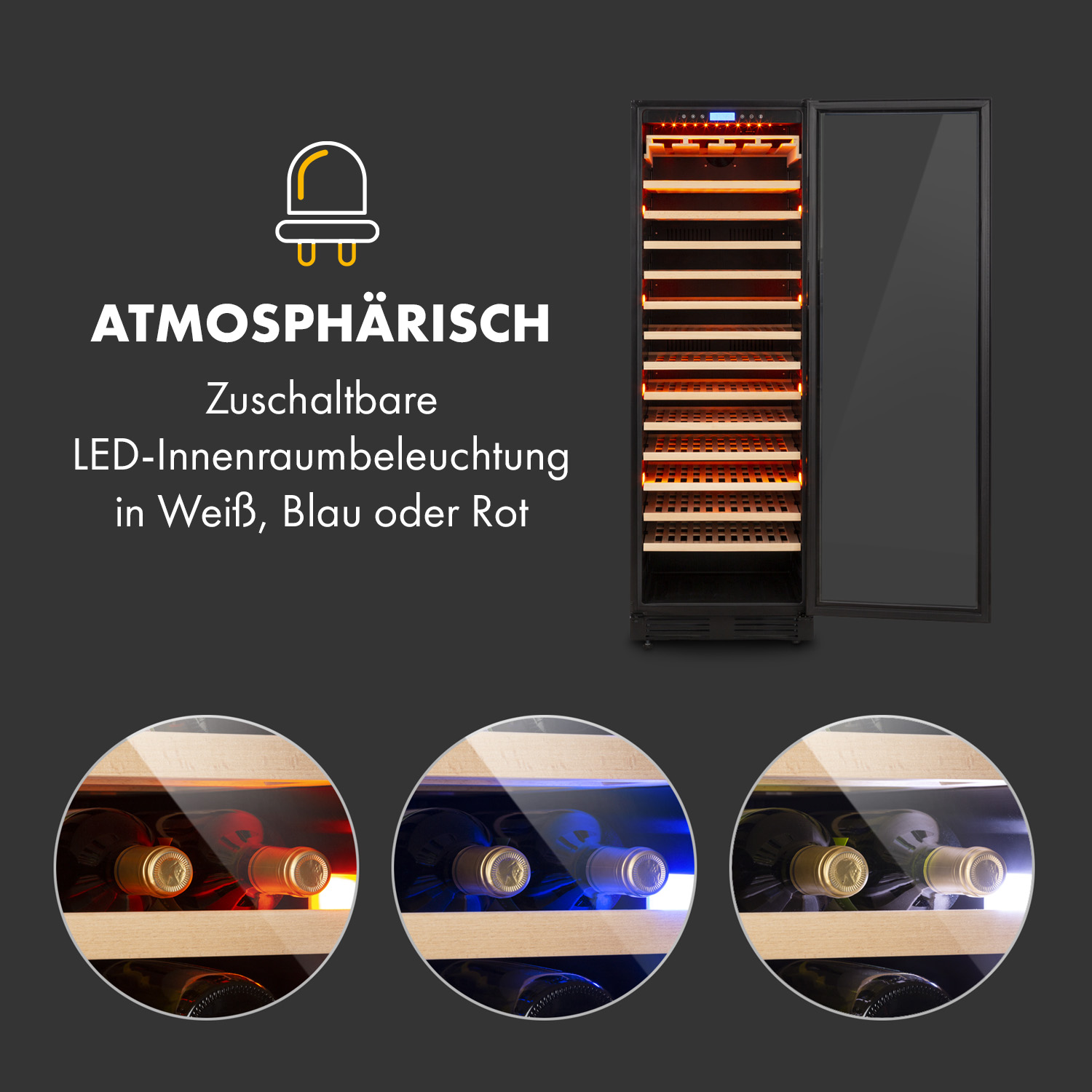 Weinkühler mit drei beleuchteten Flaschen. Text: "Atmosphärisch". Verschiedene Beleuchtungsoptionen gezeigt.