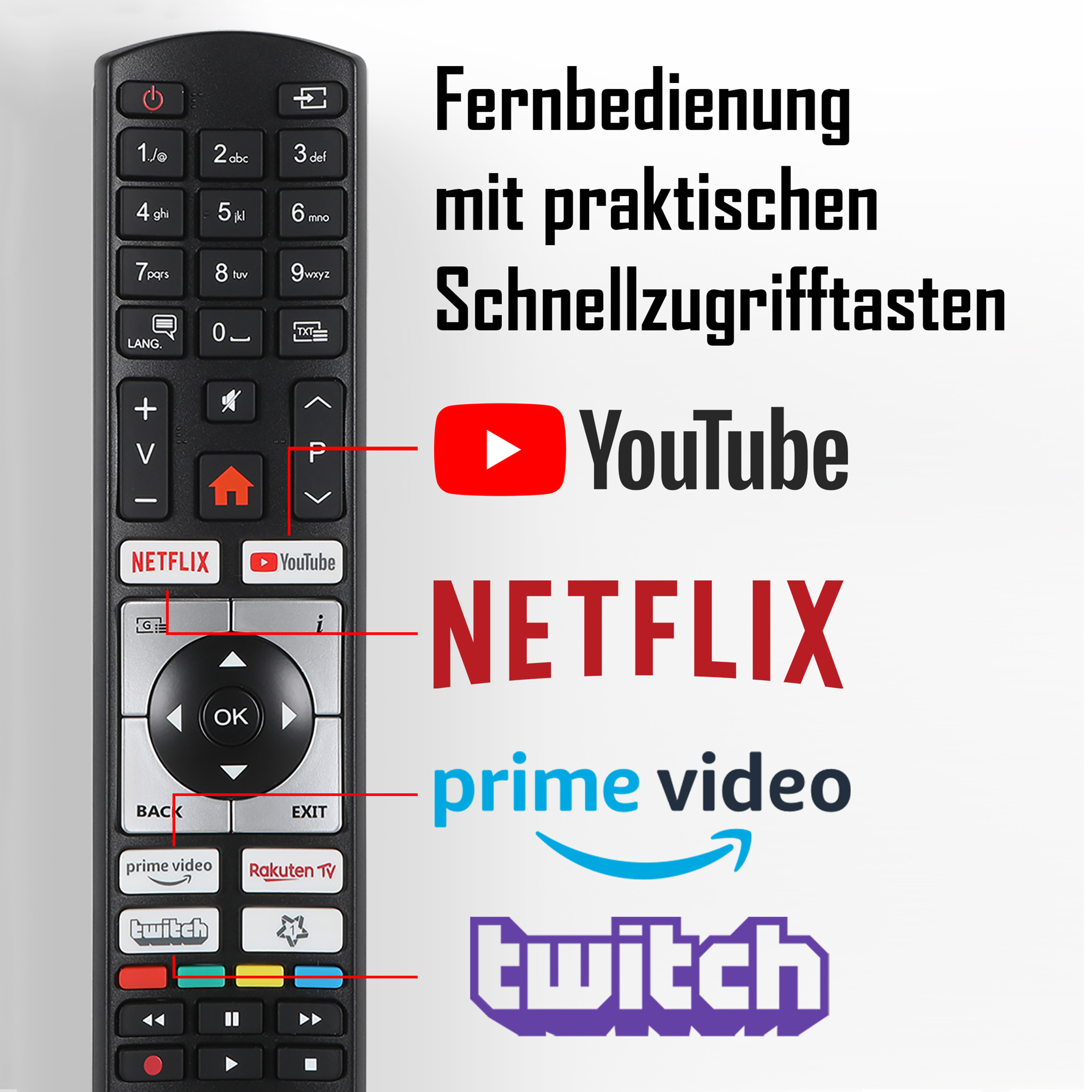 Eine TV-Fernbedienung mit Tasten, einschließlich Netflix-, YouTube-, Prime Video- und Twitch-Logos.