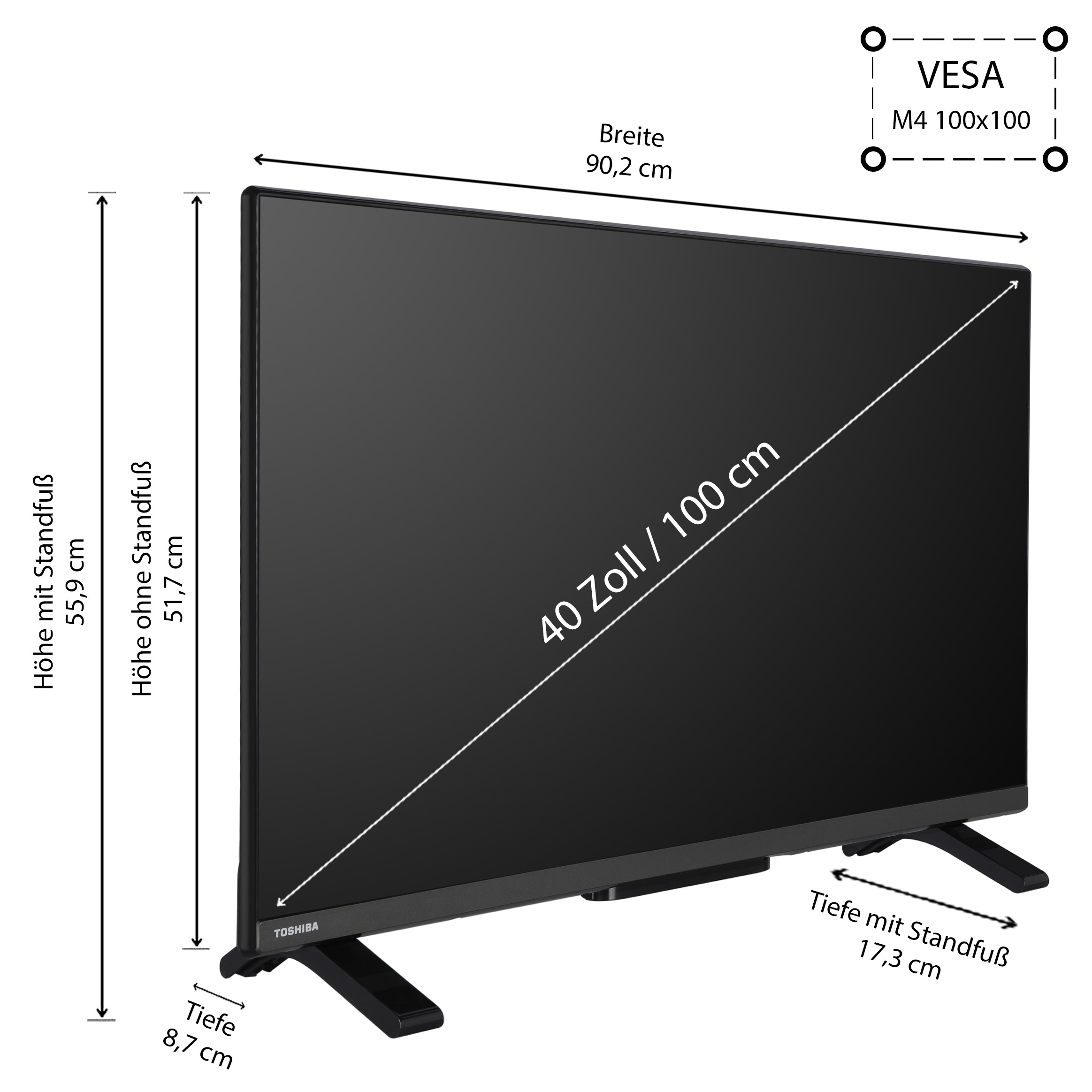 Ein schwarzer Fernseher mit Maßangaben. Der Fernseher steht auf einem Ständer. Der Bildschirm ist leer, mit Toshiba-Logo.