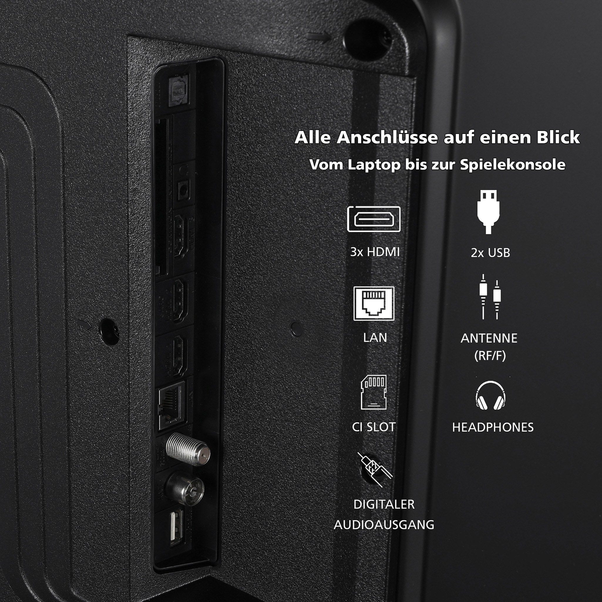 Nahaufnahme der Rückseite eines Fernsehers mit verschiedenen Anschlüssen: HDMI, USB, LAN, Audio.