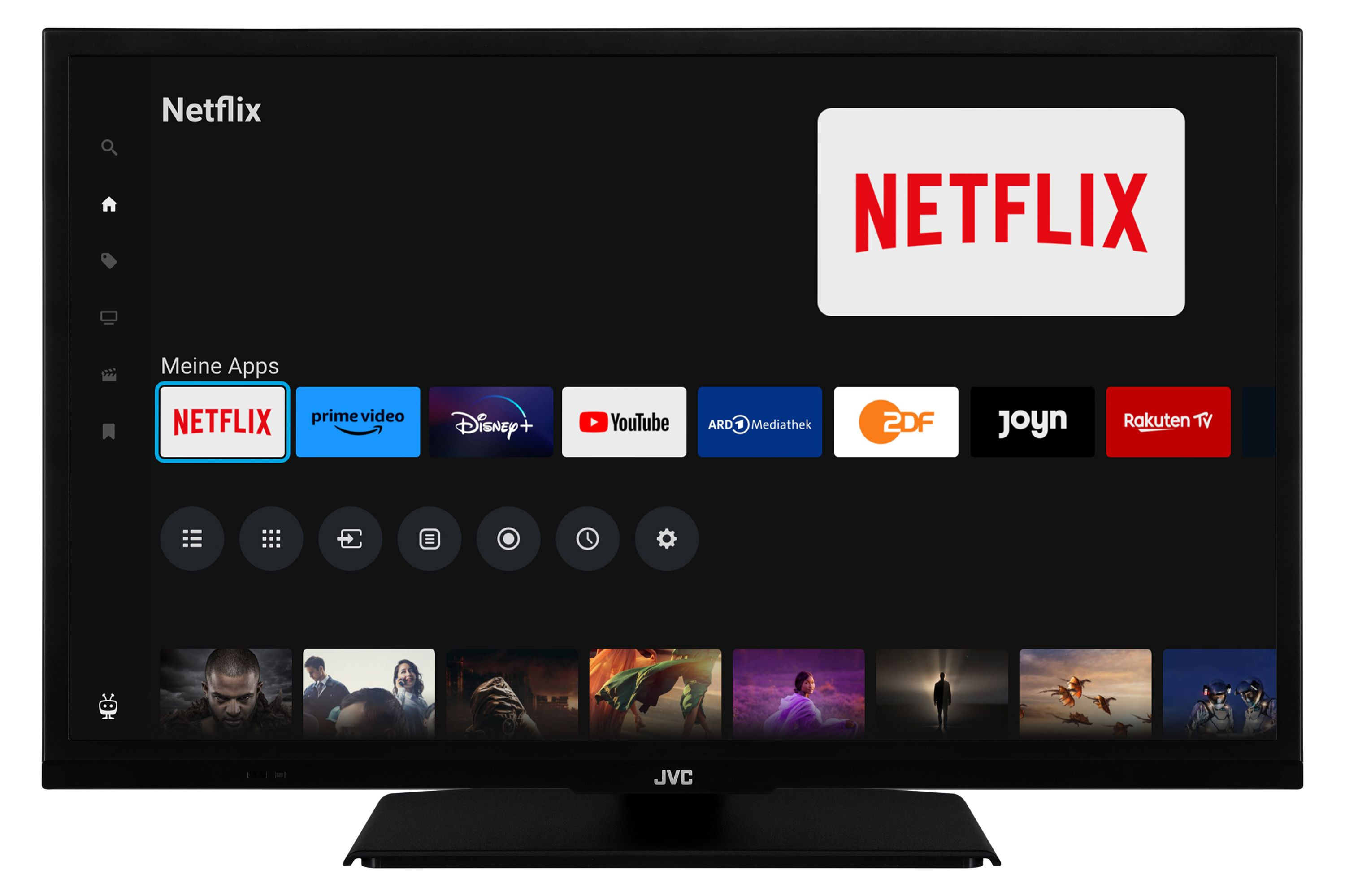 Schwarzer JVC-Fernseher mit Netflix-Oberfläche und mehreren App-Symbolen. Netflix-Logo oben rechts.