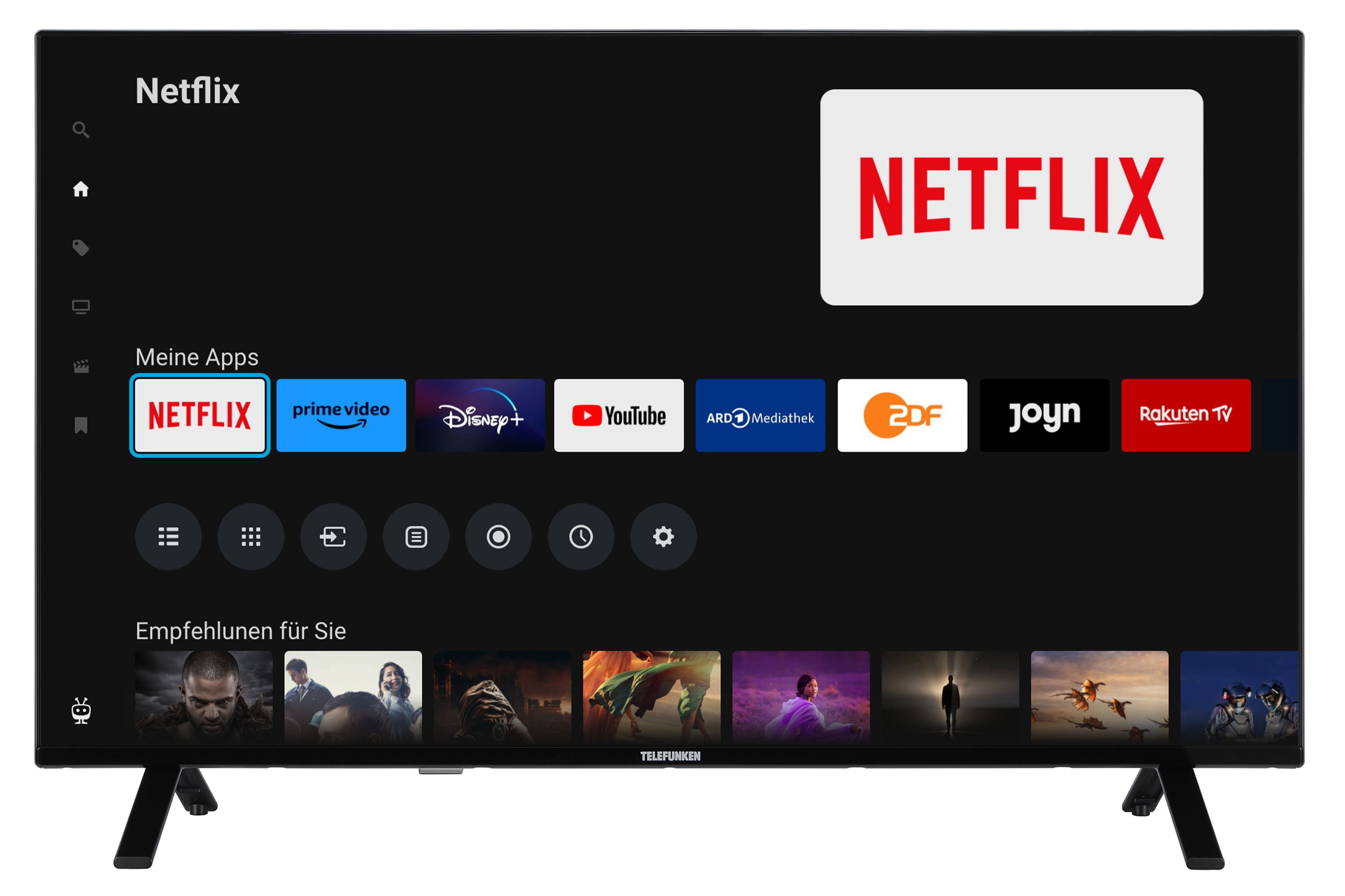 Ein Fernsehbildschirm zeigt die Netflix-App. Weitere Apps sind Prime Video, Disney+ und YouTube.