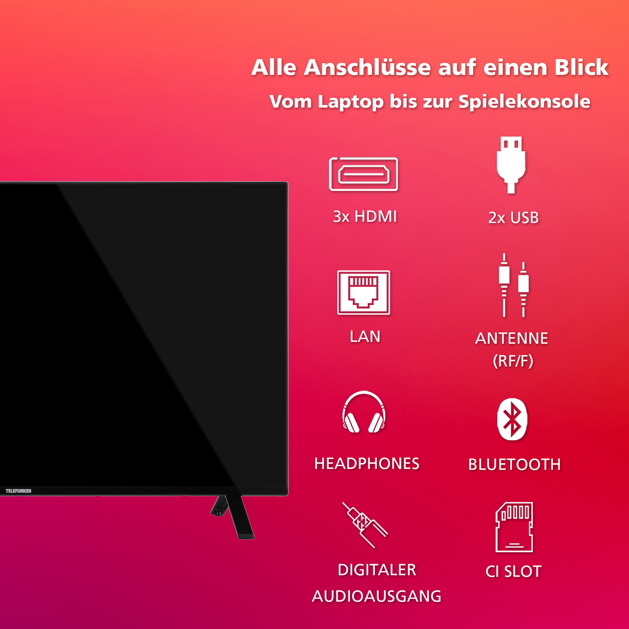 Ein Flachbildfernseher mit Anschlussports: HDMI, USB, LAN, Antenne, Kopfhörer, Bluetooth, Digital Audio, CI-Slot.