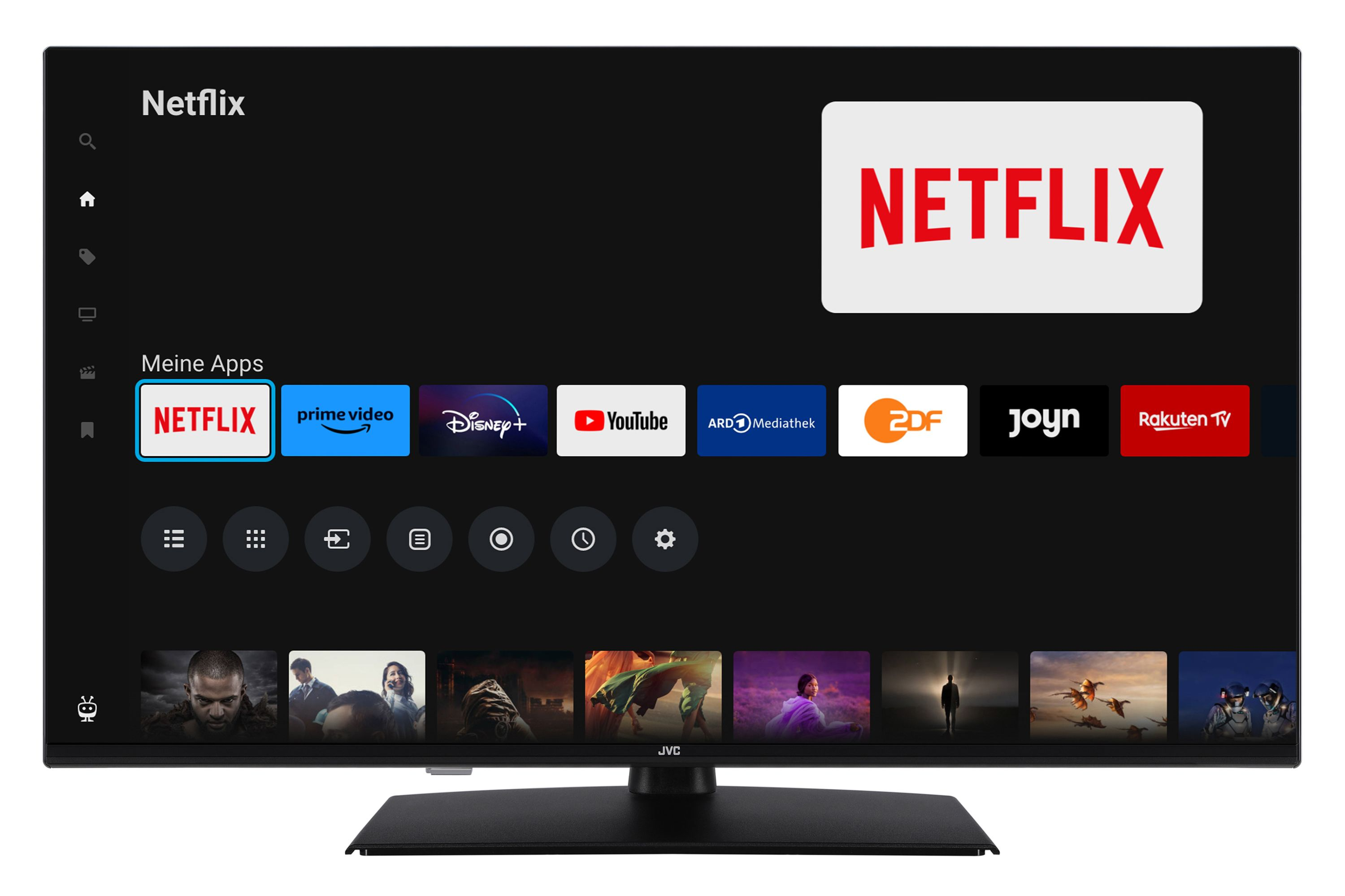 Ein Fernsehbildschirm zeigt die Netflix-Oberfläche mit Netflix und anderen Apps. Der Fernseher steht.