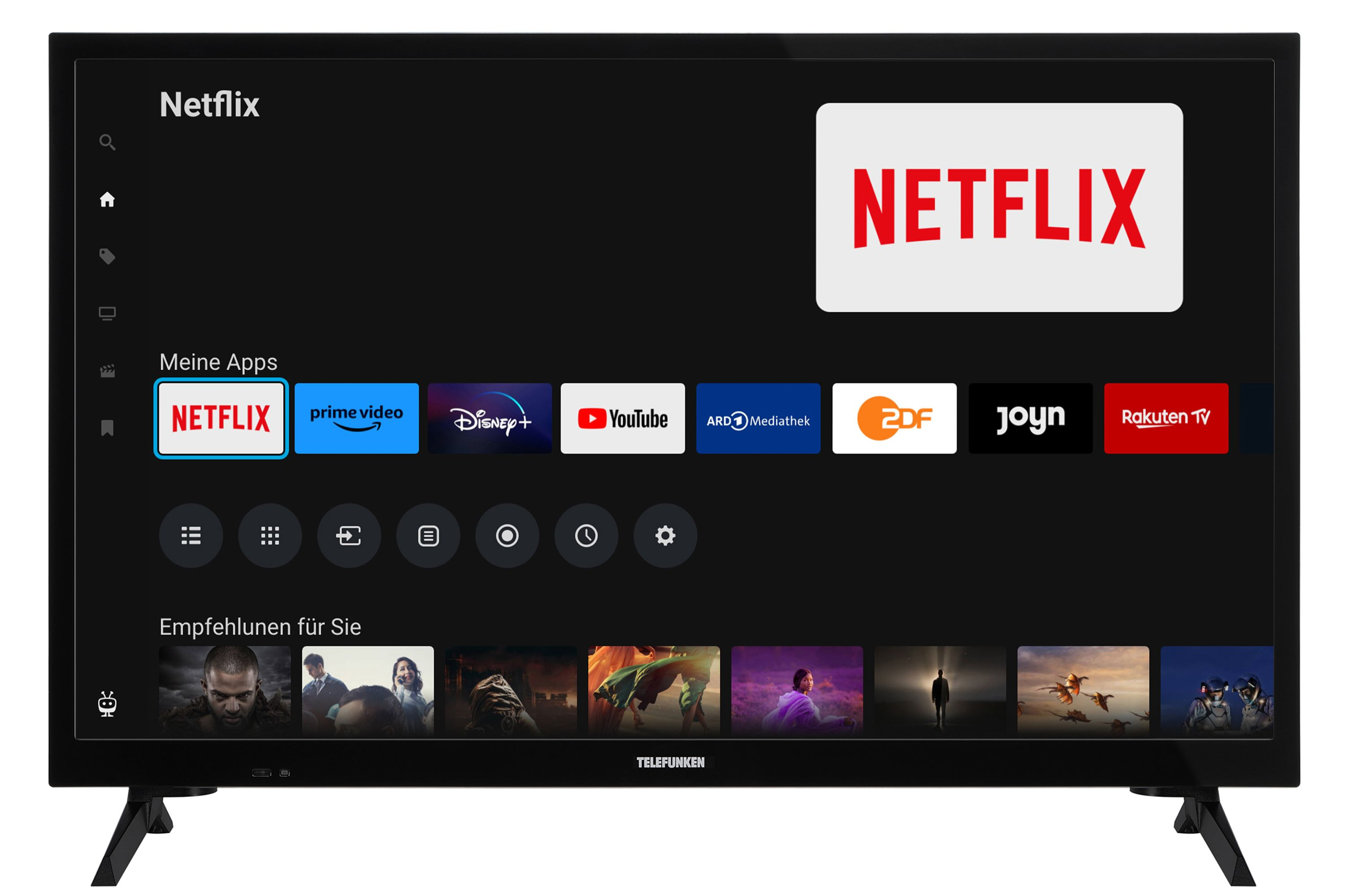 Ein Fernsehbildschirm zeigt die Netflix-Oberfläche und App-Symbole für Netflix, Prime Video, Disney+ usw.