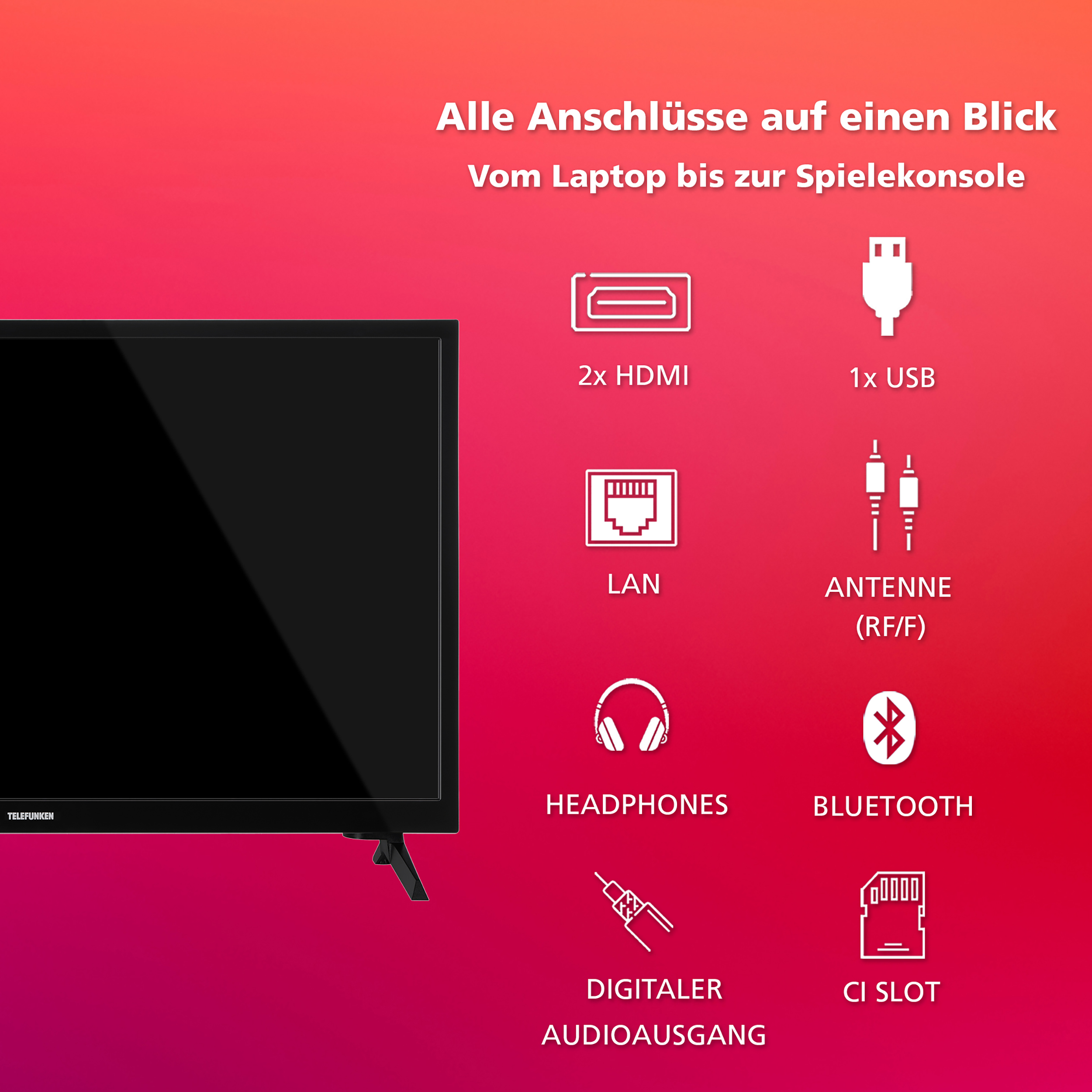 Fernseher mit Anschlüssen wie HDMI, USB, LAN, Antenne, Kopfhörer, Bluetooth und digitalem Audio.