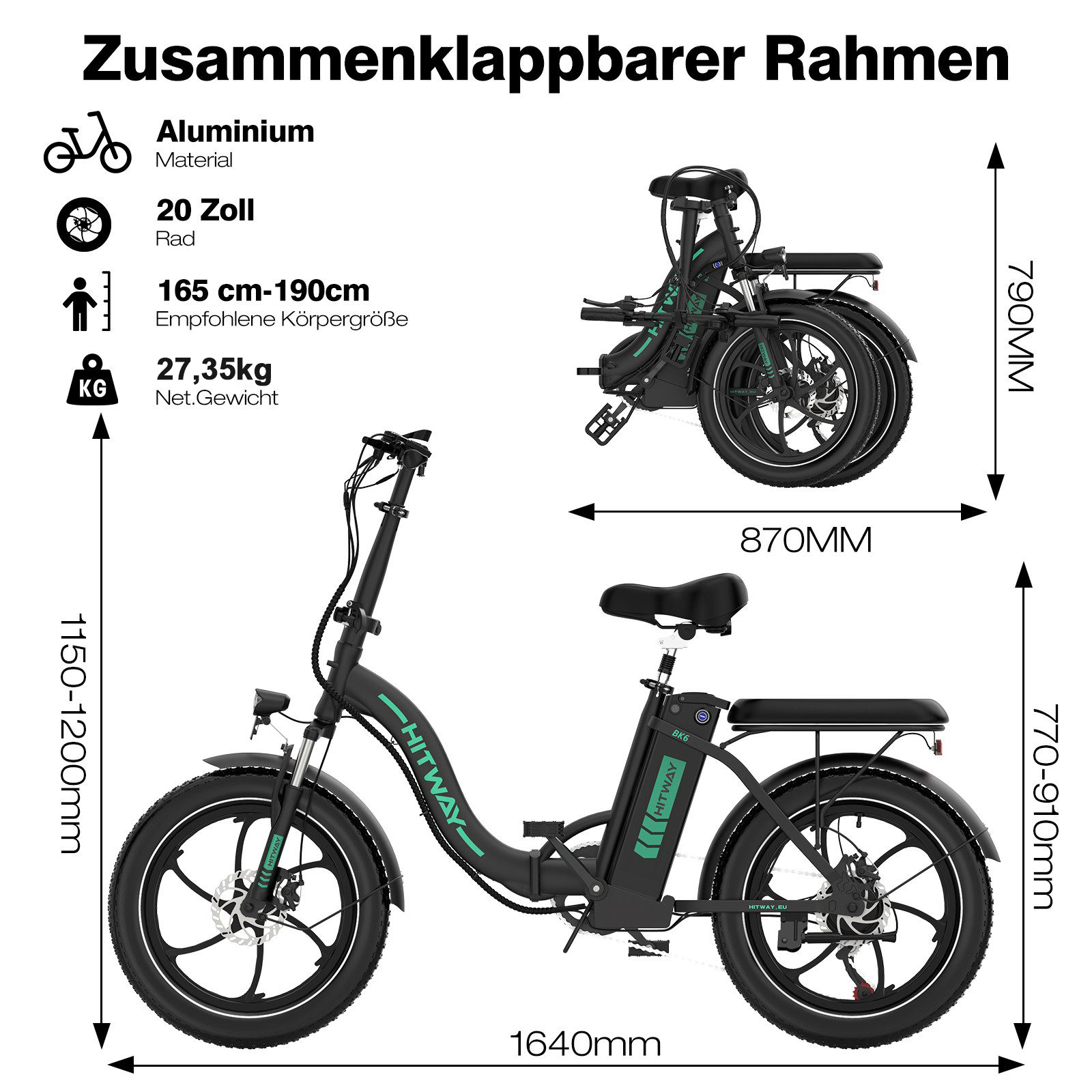Ein schwarzes, zusammenklappbares Elektrofahrrad mit Spezifikationen und Abmessungen in deutschem Text. Es ist auf einem Bild zusammengeklappt.