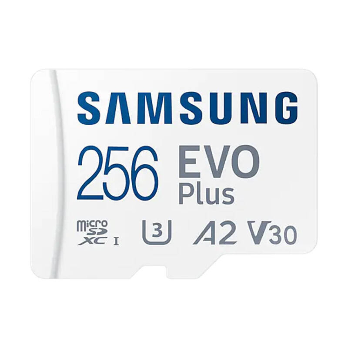 Tarjeta SD Samsung 256 EVO Plus blanca y azul. El texto en la tarjeta dice: 256 EVO Plus y tiene logotipos.