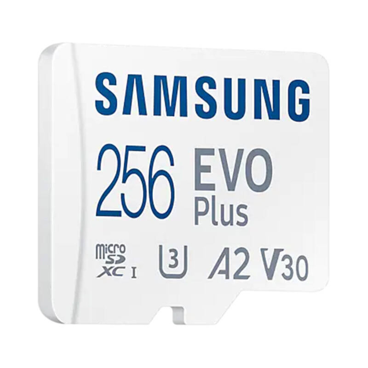 Tarjeta microSD Samsung 256 EVO Plus blanca, con texto y marcas.