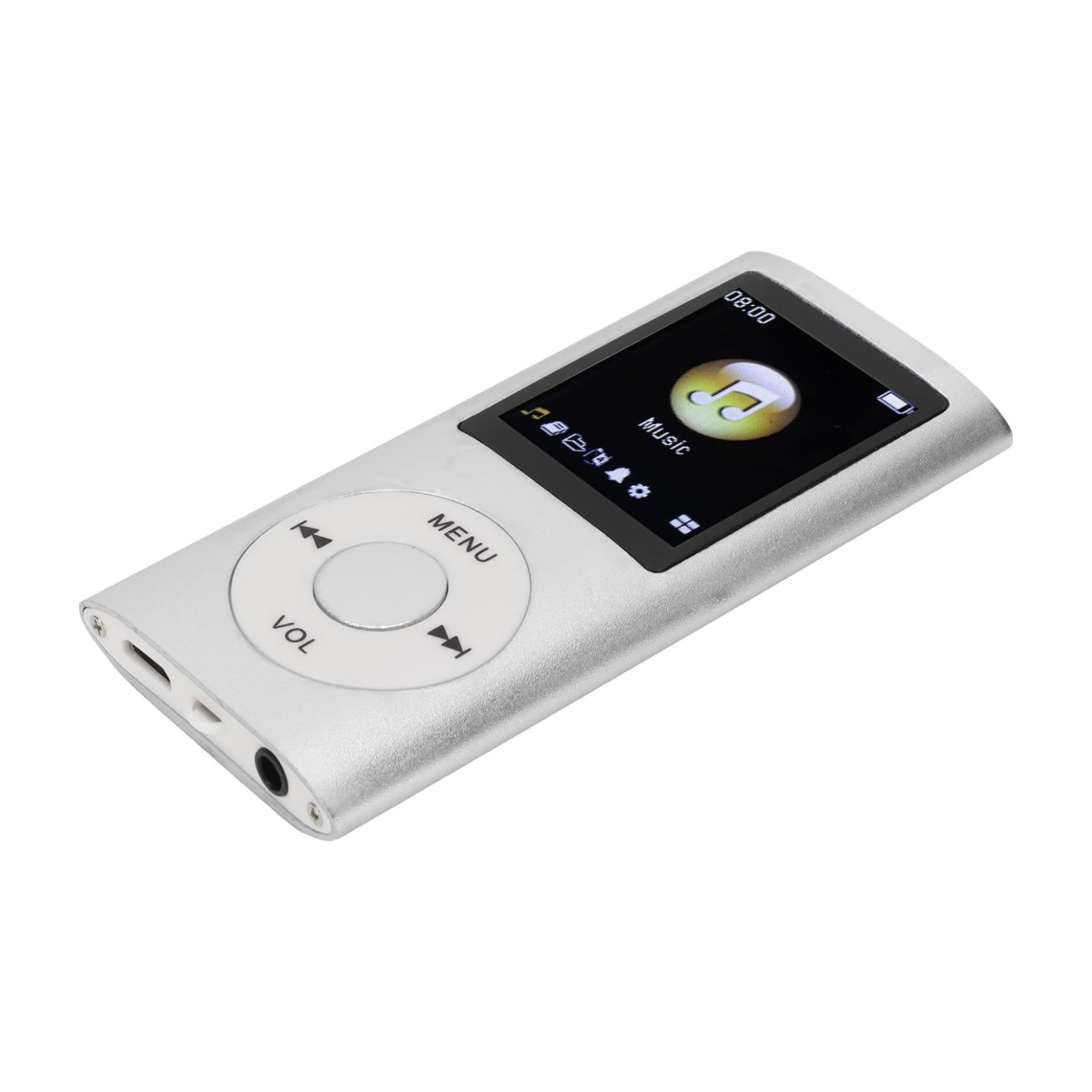 Ein silberner MP3-Player mit Bildschirm und Knöpfen. Der Bildschirm zeigt ein Musiknoten-Symbol.