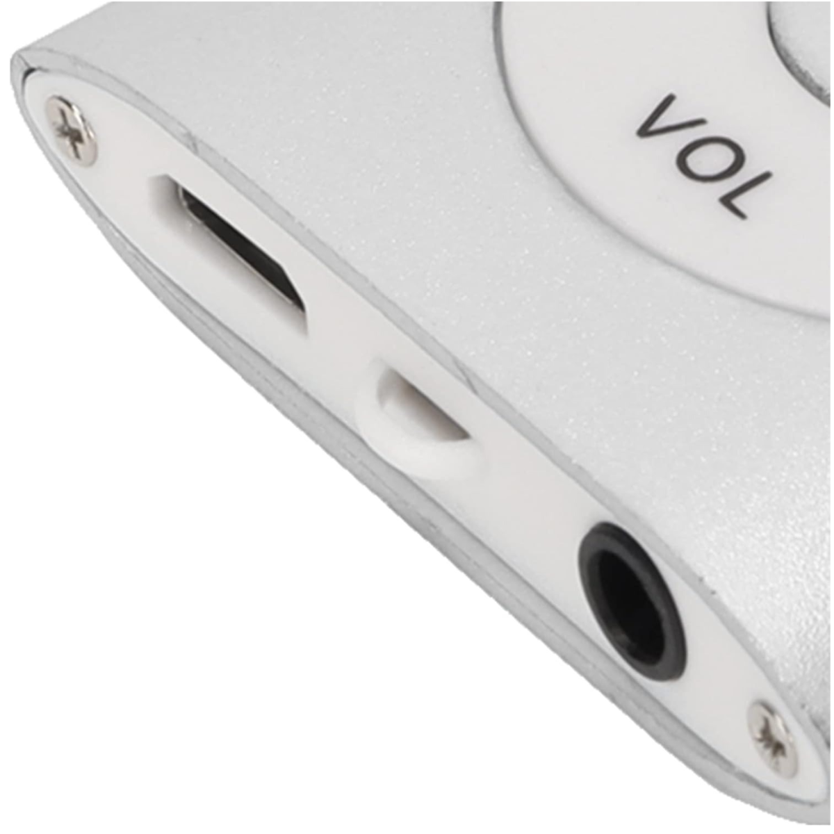 Nahaufnahme eines Audioplayers mit Lautstärkeregler, SD-Kartensteckplatz und Kopfhöreranschluss.
