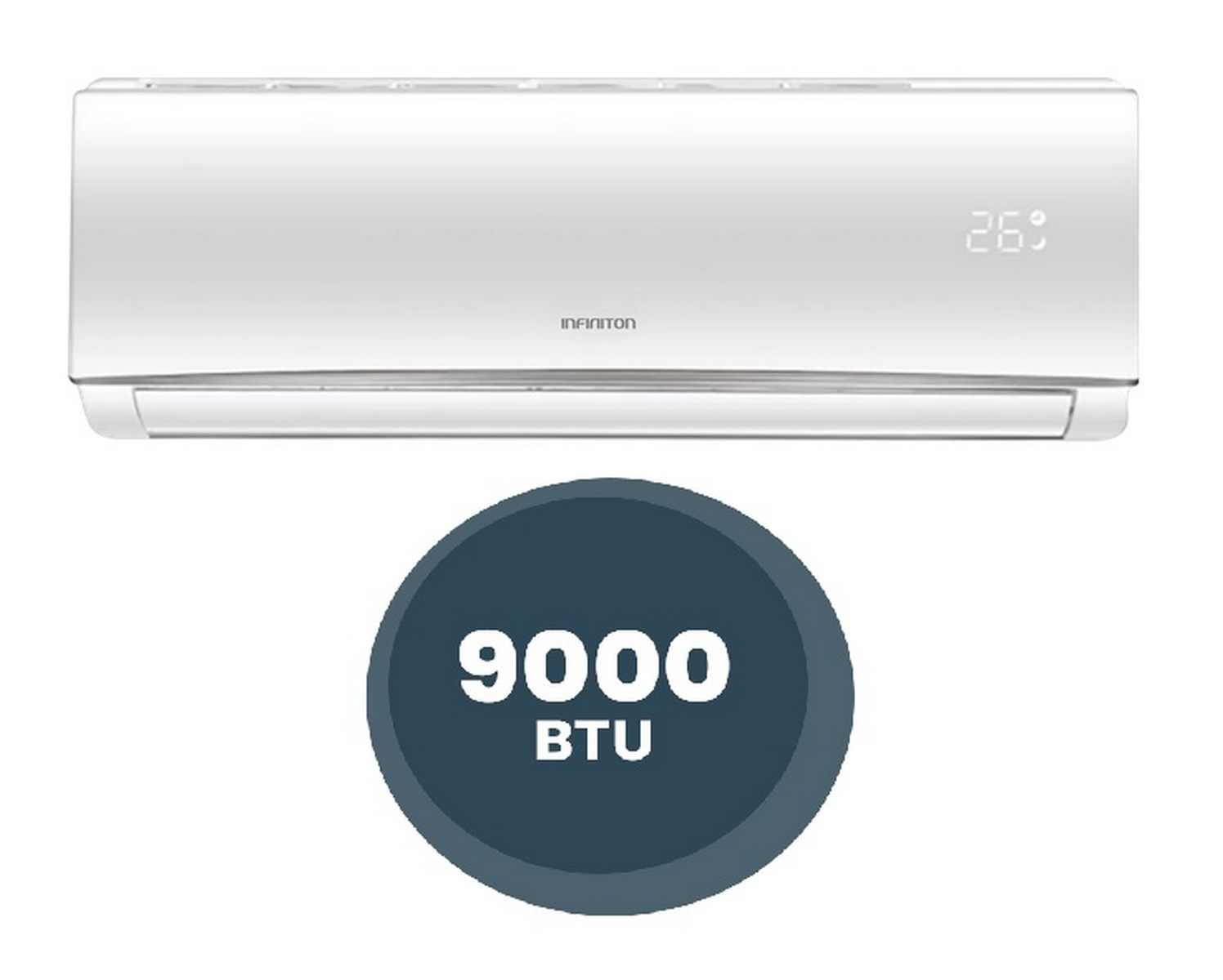 Aire acondicionado blanco con pantalla digital de 26 grados y clasificación BTU.