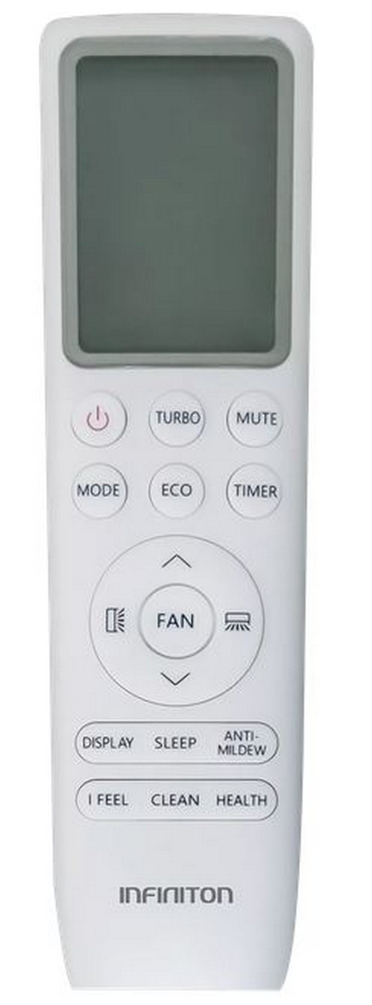Mando a distancia blanco de aire acondicionado con botones de encendido, modo, ventilador y otras funciones.